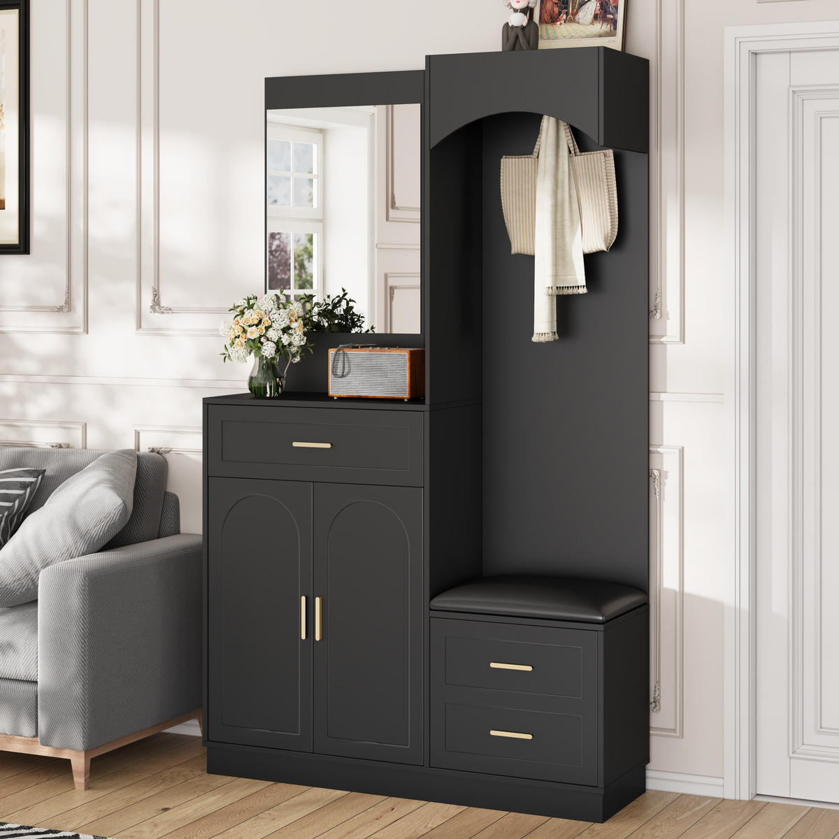 GARDEROBE Set Spiegel Schuhschrank - Schwarz, Holz (110/185.5/33cm) - LEBENLANG