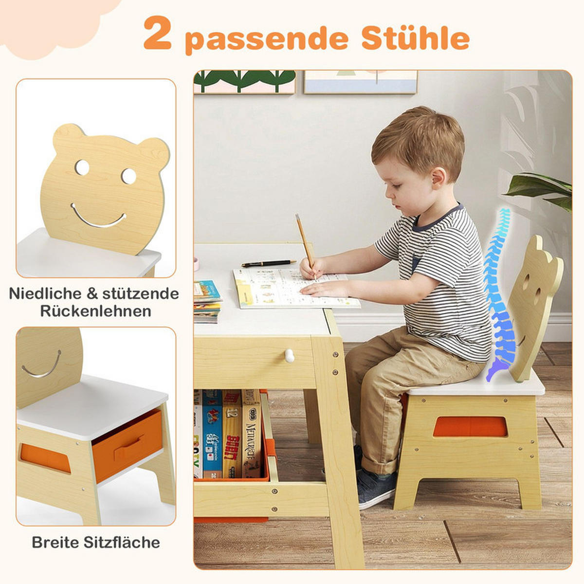KINDERTISCH mit stuhl natur(3-tlg) - Naturfarben, Holzwerkstoff (70/45/60.5cm) - COSTWAY