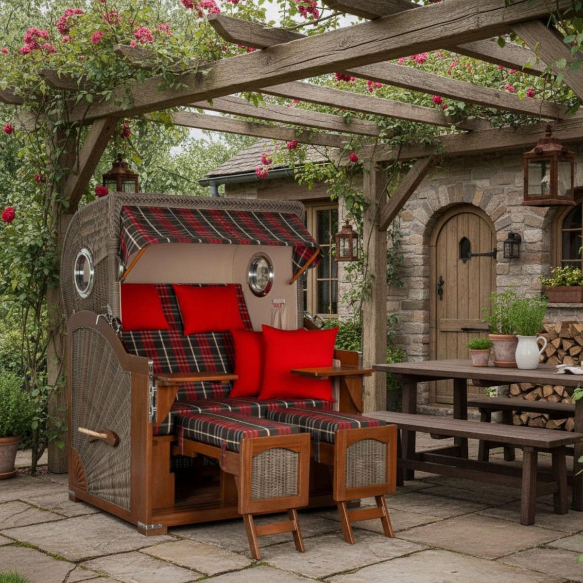 STRANDKORB 2-Sitzer Düne Mahagoni 529 - Rot/Braun, Holz (125/170/80cm) - Mr. Deko