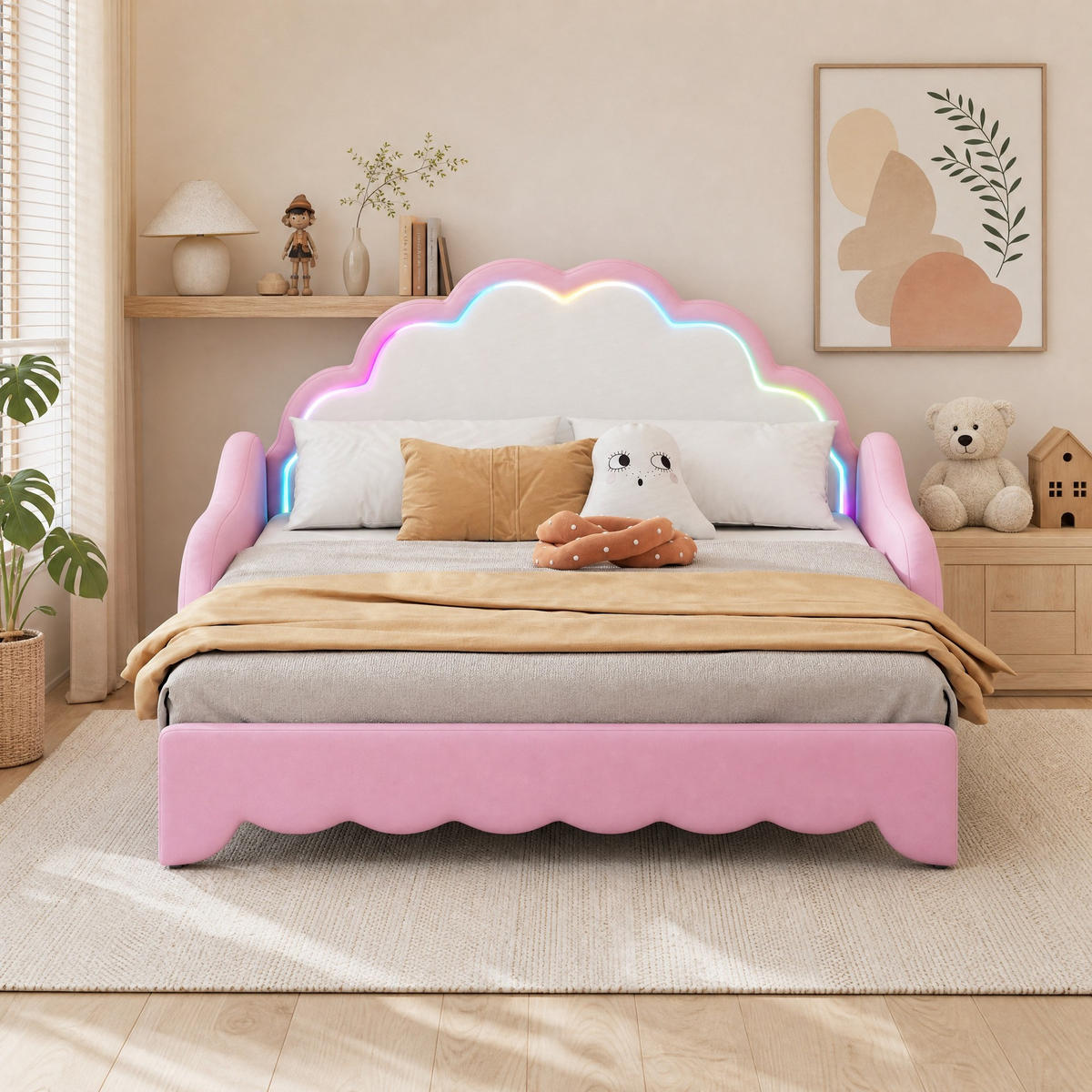 POLSTERBETT 140/200 mit LED und PU in Rosa,umwandelbar in eine Liegefläche - Rosa, Holzwerkstoff/Textil (140/200cm) - EVRYAE
