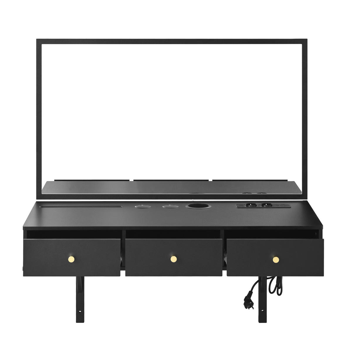 SCHMINKTISCH 100/45/105 cm mit Spiegel, 3 Schubladen, Steckdosenleiste und Getränkehalter, Schwarz - Schwarz, Holzwerkstoff (45/105/100cm) - Redom