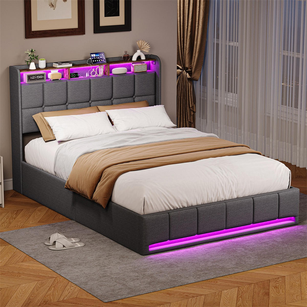 POLSTERBETT 140x200 cm mit LED-Beleuchtung und hydraulischem Stauraum - ohne Matratze - Grau - Grau, Textil (140/200cm) - DELFA