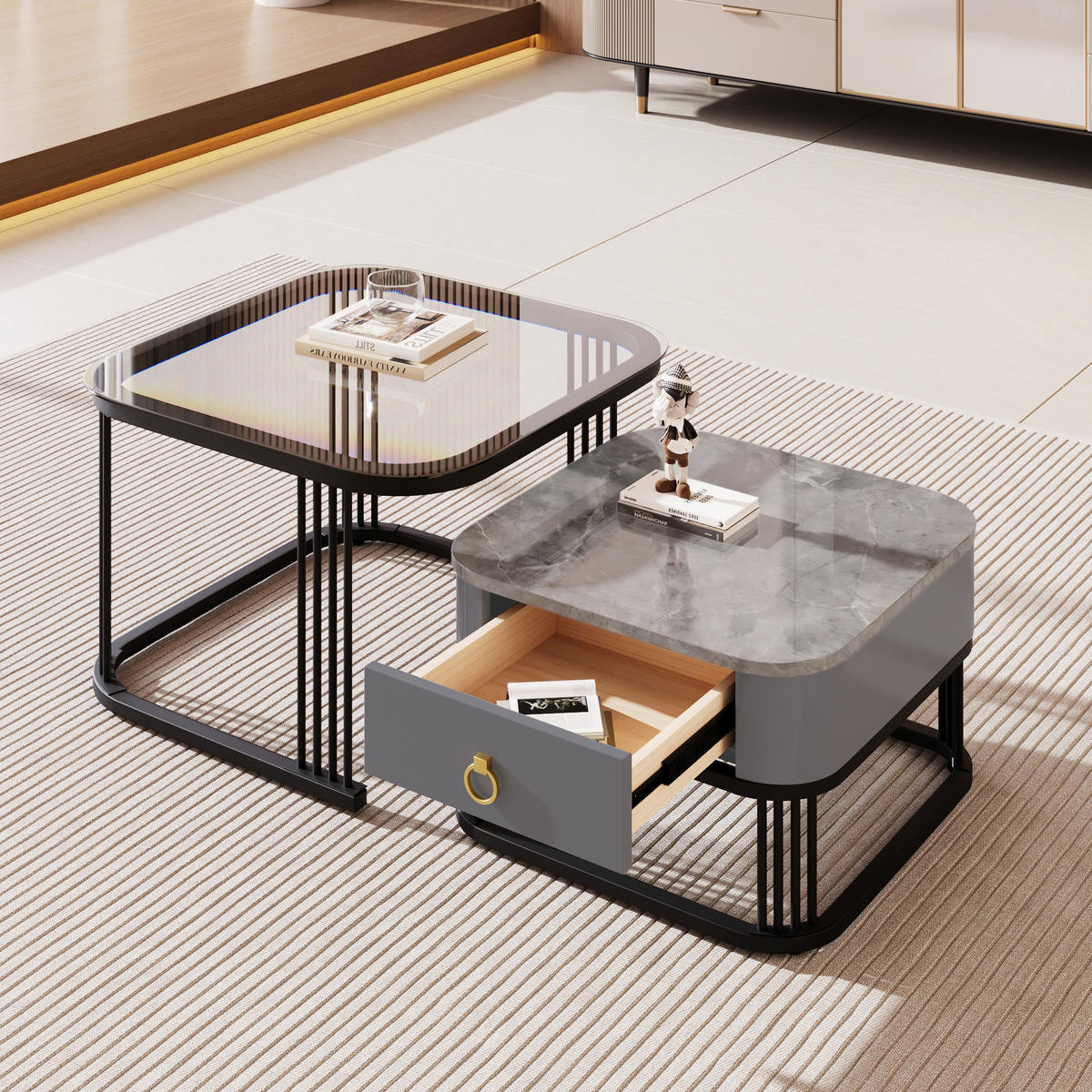 COUCHTISCH Schwarz 2er-Set 60/60/44,5 cm und 50/50/34,5 cm - Schwarz, Holzwerkstoff (60/60/44.5cm) - PANGIVO