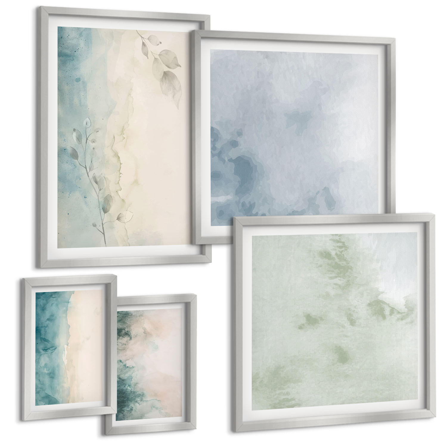 BILDER SET 5er Set - 50x50 cm & 20x30 cm & 40x60 cm Silberner Rahmen - Aquarell-Leinwandstil - Silberfarben, Kunststoff (40/60cm) - TULUP