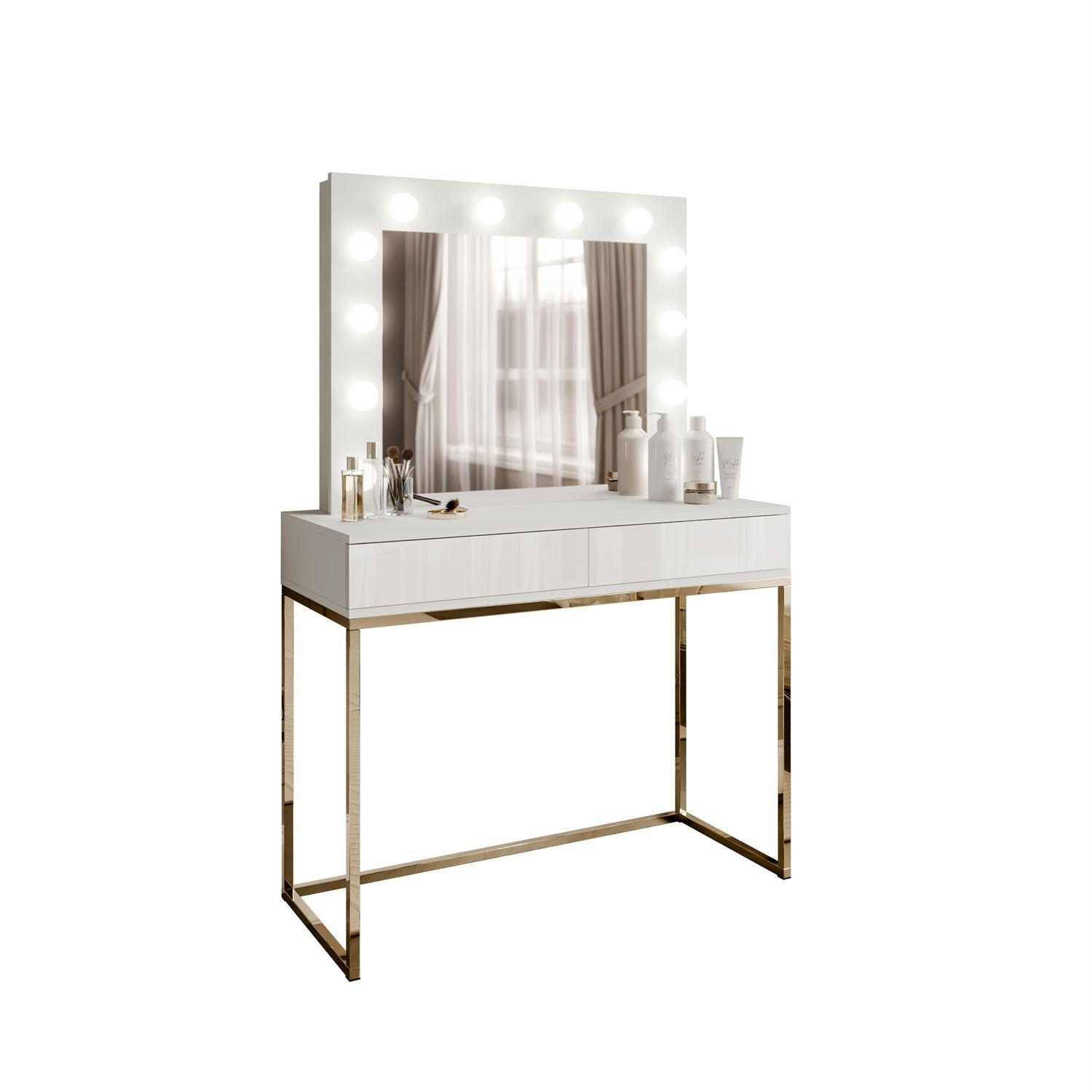 SCHMINKTISCH BLANCO mit Spiegel und Beleuchtung Gold Chrom Weiß Hochglanz PUSH OPEN - Weiß Hochglanz/Goldfarben, Holzwerkstoff (100/146/42cm) - Lookway