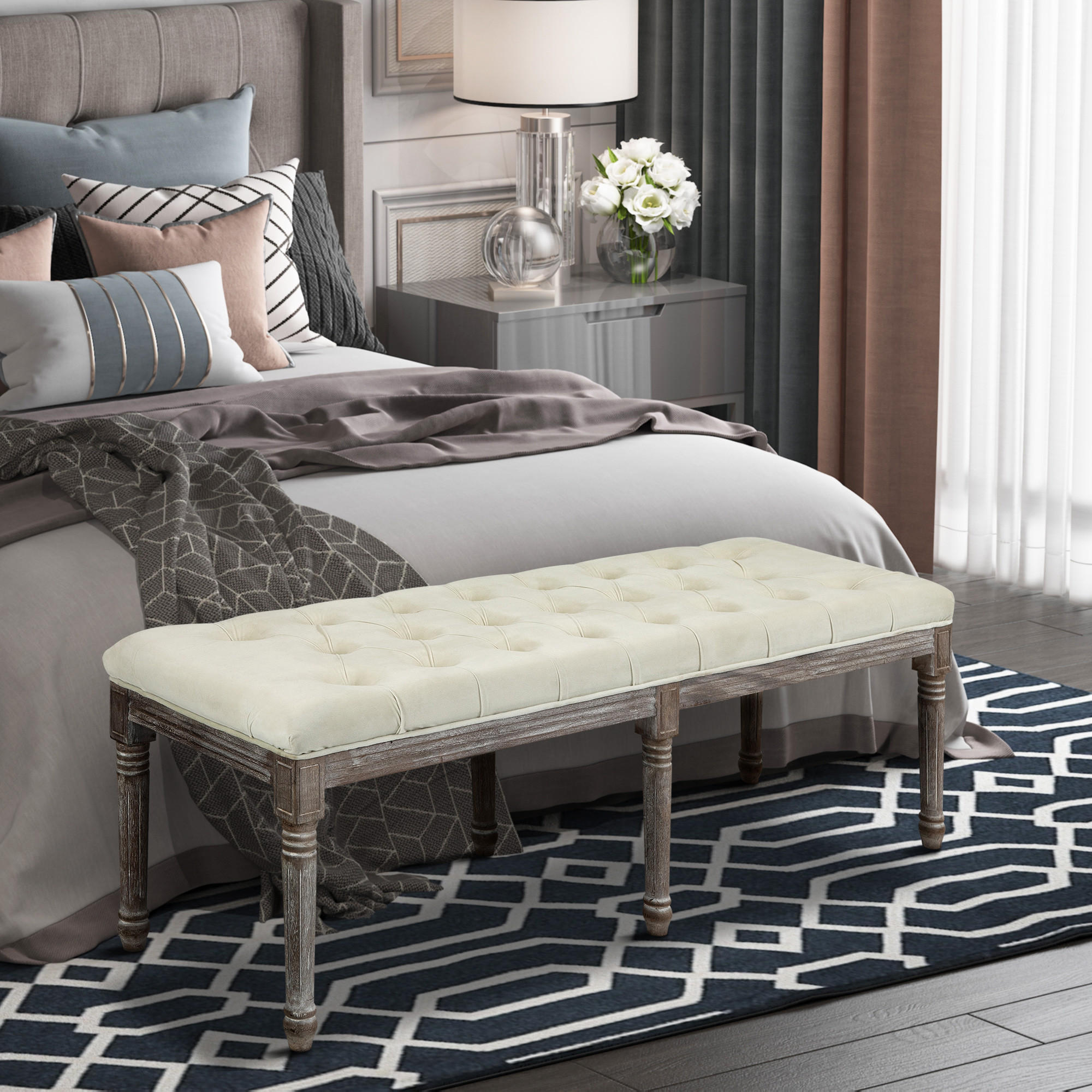 POLSTERBANK Sitzbank Vintage Retro Bettbank mit Knöpfen Samtige Berührung Beige - Beige, Kunststoff (47/51/142cm) - HOMCOM