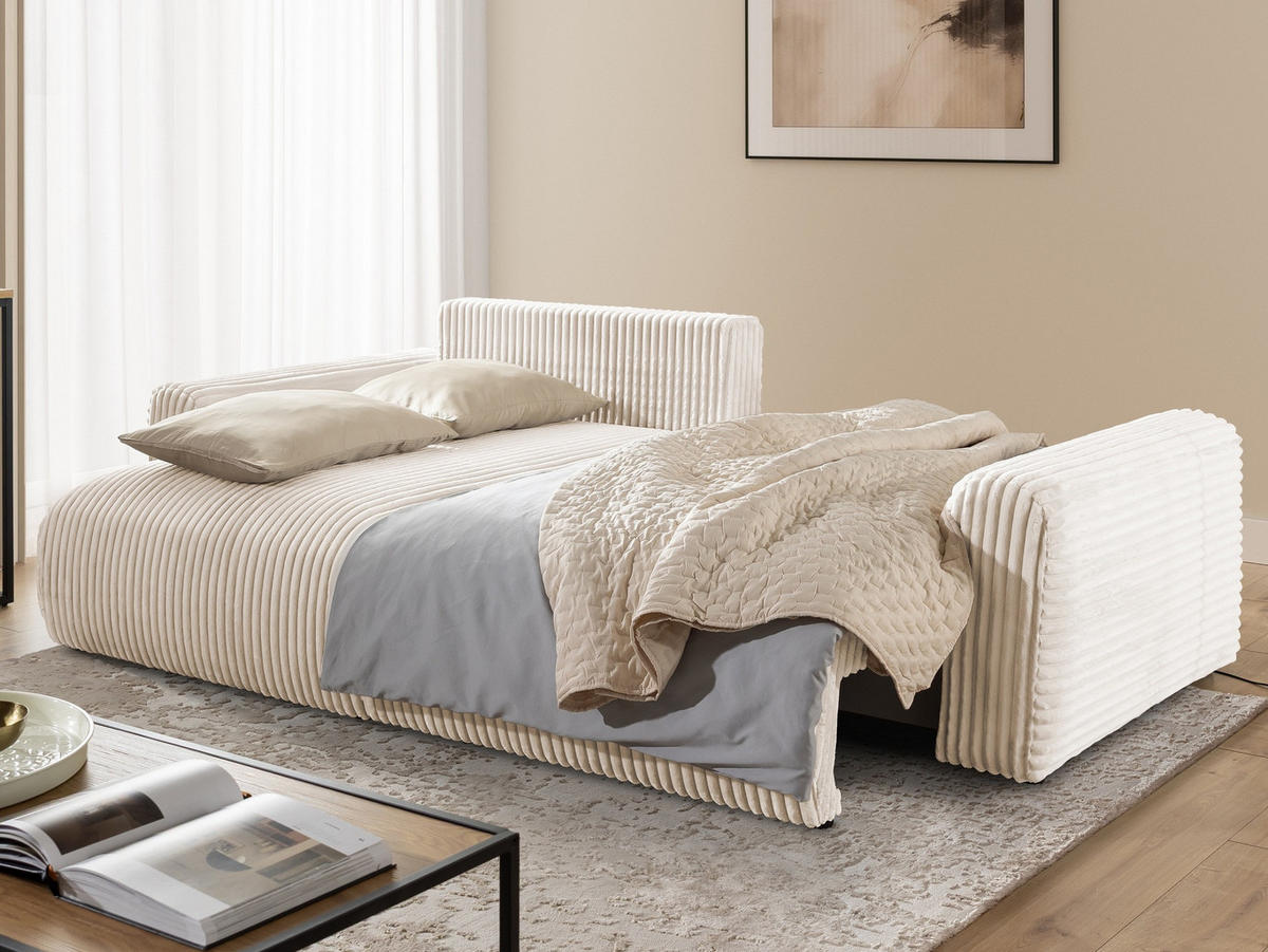 ECKSOFA Calma mit Schlaffunktion und Bettkasten im Bumpy-Design aus weichem Creme Plüschcord - Ottomane links - Creme/Schwarz, Holz/Kunststoff (239/140cm) - S-Style