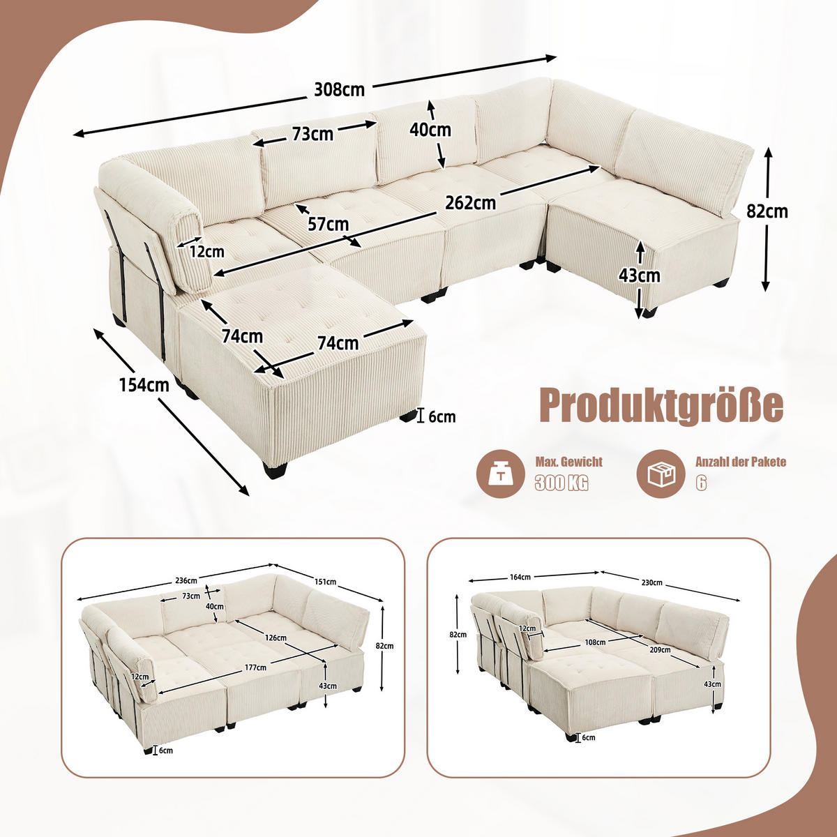 MODULARES 6-Sitzer Sofa Cord U-/L-Form und Eckschlafsofa Beige 308/154/82 cm - Beige, Textil (154/308cm) - Redom