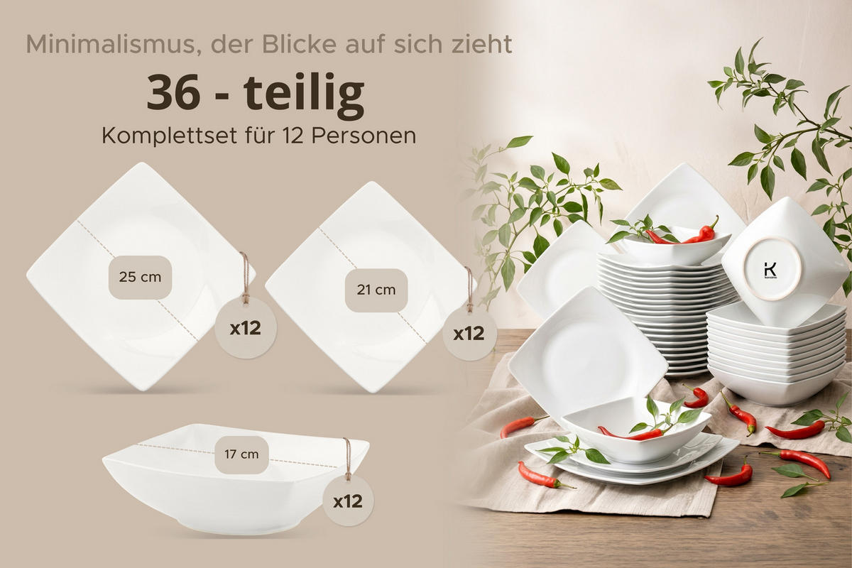 TAFELSERVICE EPIRI 12 Personen 36-tlg - Weiß, Keramik (25/2/25cm) - KONSIMO®