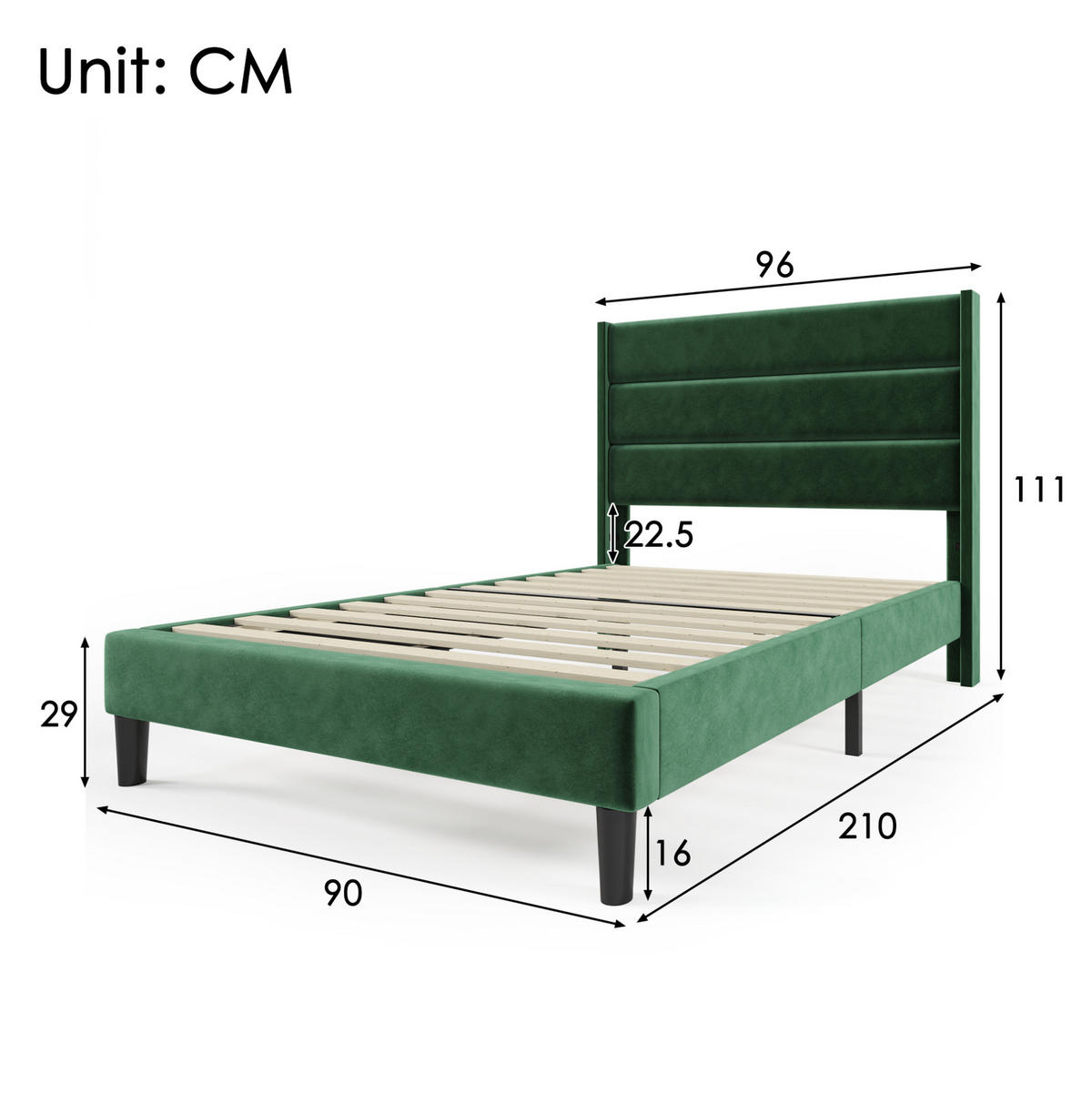BETT mit Lattenrost 90x200 cm Samt Dunkelgrün - Grün, Holz (90/200cm) - Meubliv