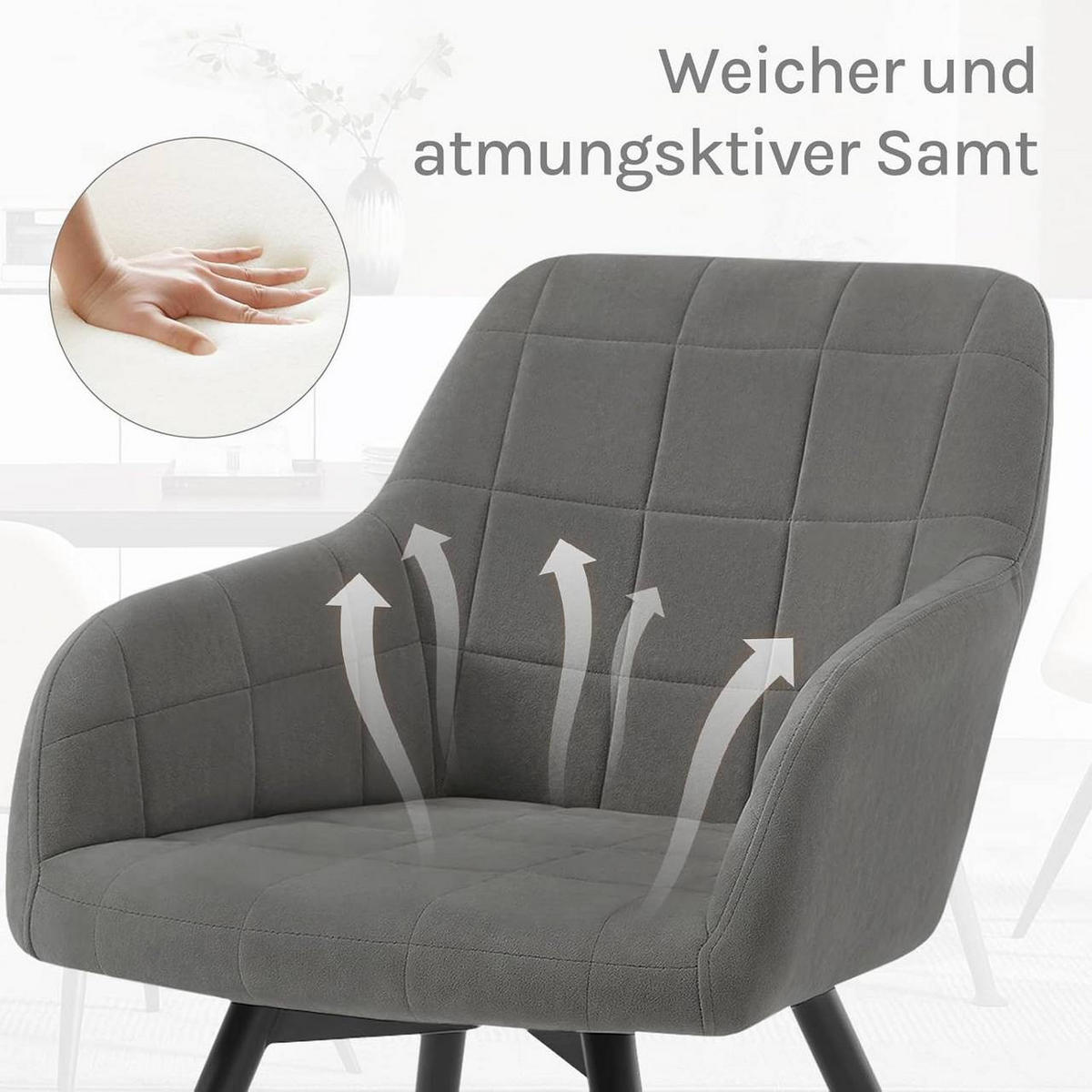 ESSZIMMERSTUHL 6er Set, drehbar, Samt, Dunkelgrau - Dunkelgrau/Schwarz, Textil/Metall (57/78/63cm) - Woltu