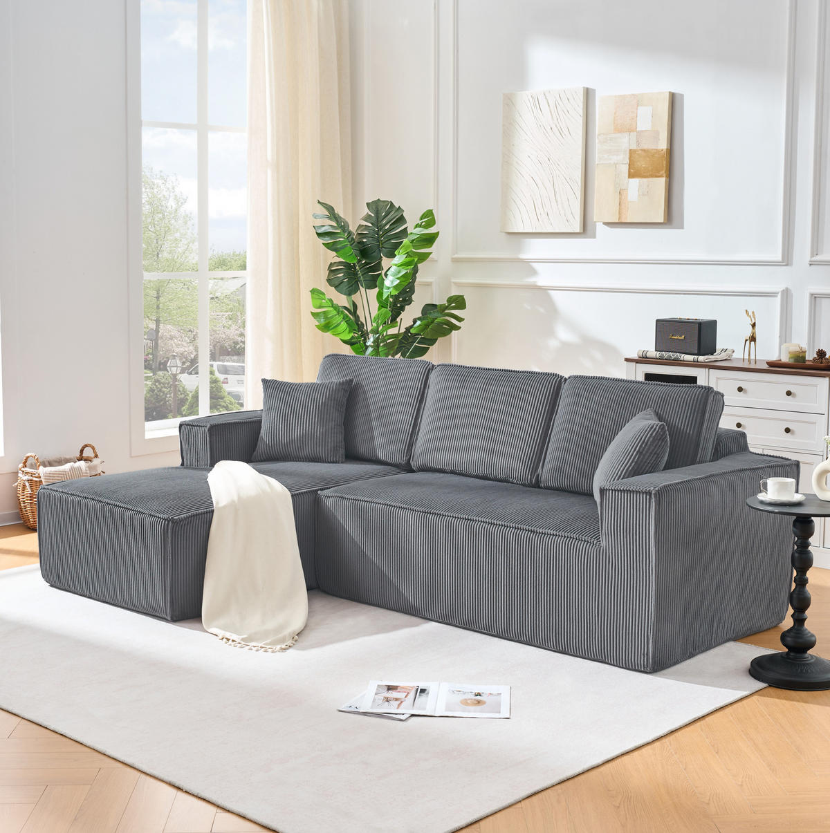 ECKSOFA 235/128/60 cm grau aus Cord mit Chaiselongue - Grau, Textil (128/235cm) - OKWISH