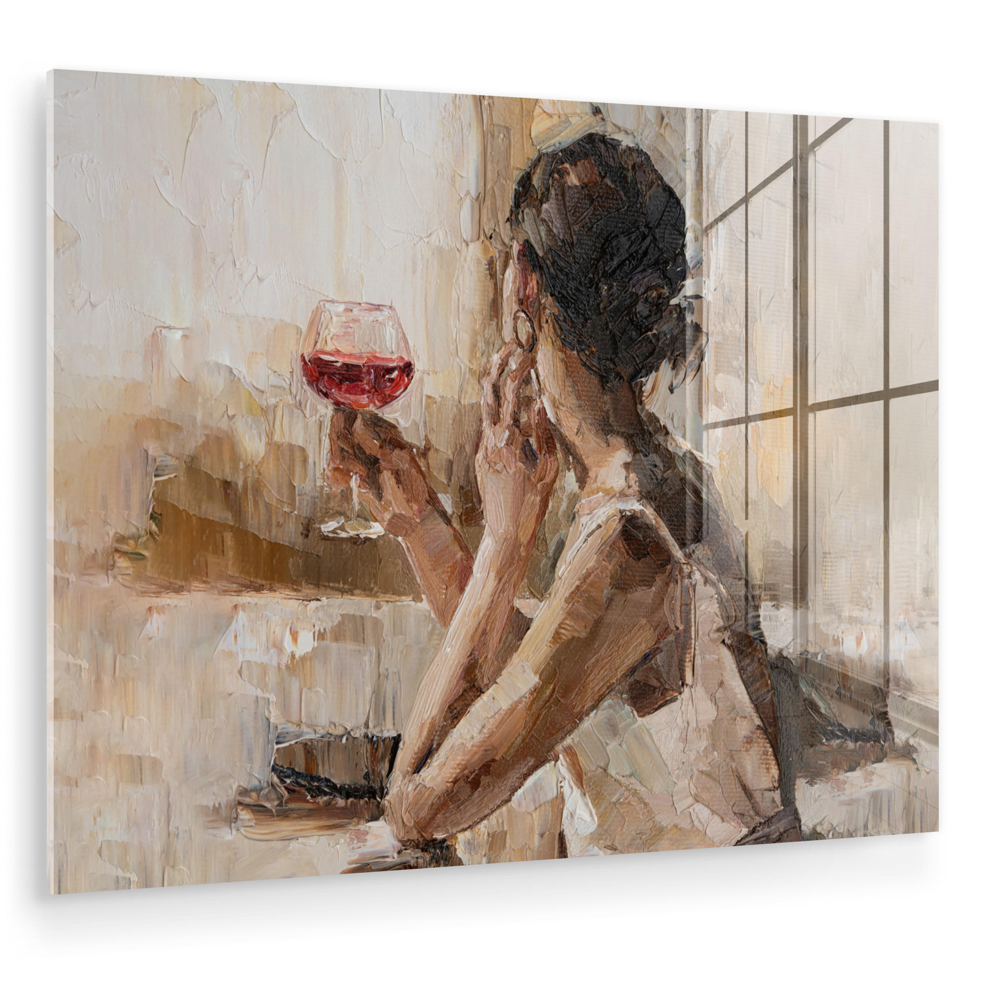 ACRYLGLASBILD Ölgemälde - Frau - Wein 80x60 cm - Hellbraun, Glas (80/60cm) - MuchoWow