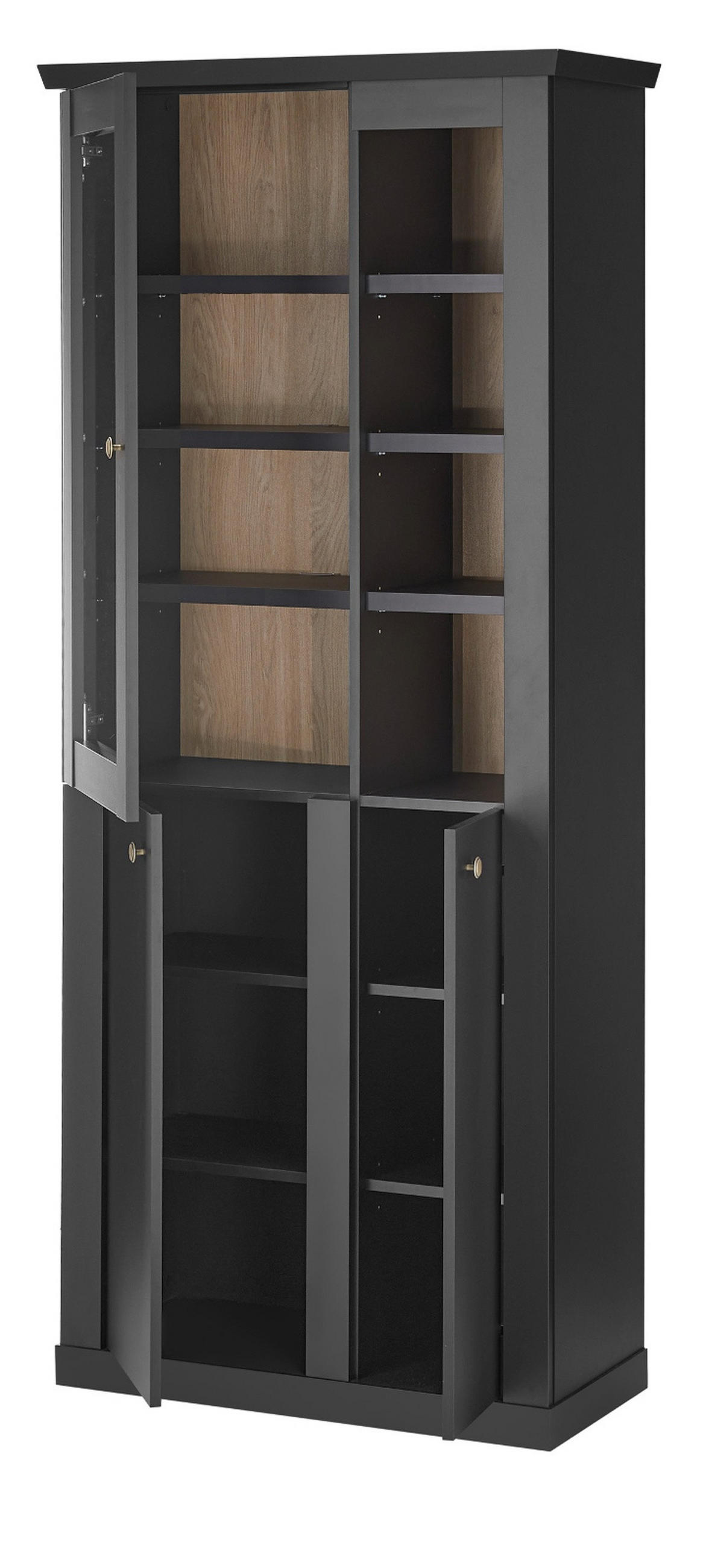 VITRINE schwarz matt, Eiche 86 cm, Vitrinenschrak Landhaus mit Soft-Close - Eichefarben/Messingfarben, Glas/Holzwerkstoff (86/200/39cm) - Furn.Design