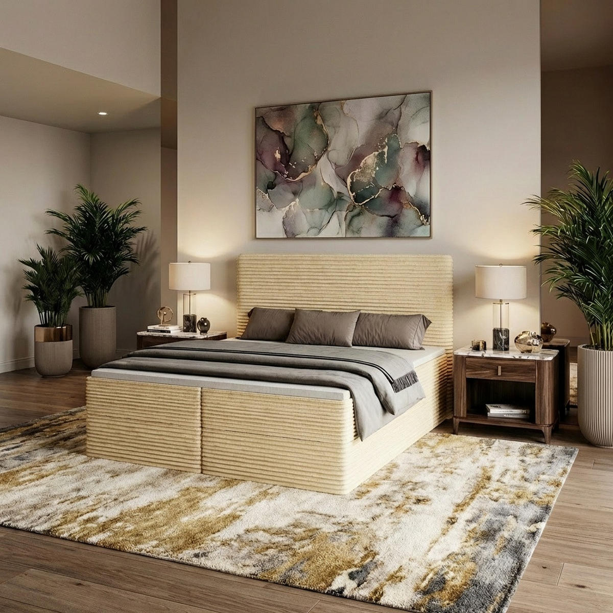BOXBETT RAVENO mit Bettkasten 140x200 cm inkl. Bonell-Federkernmatratze H3 und Topper – Polsterbett Stoff TILIA Beige - Beige, Textil (140/200cm) - Luxkor24