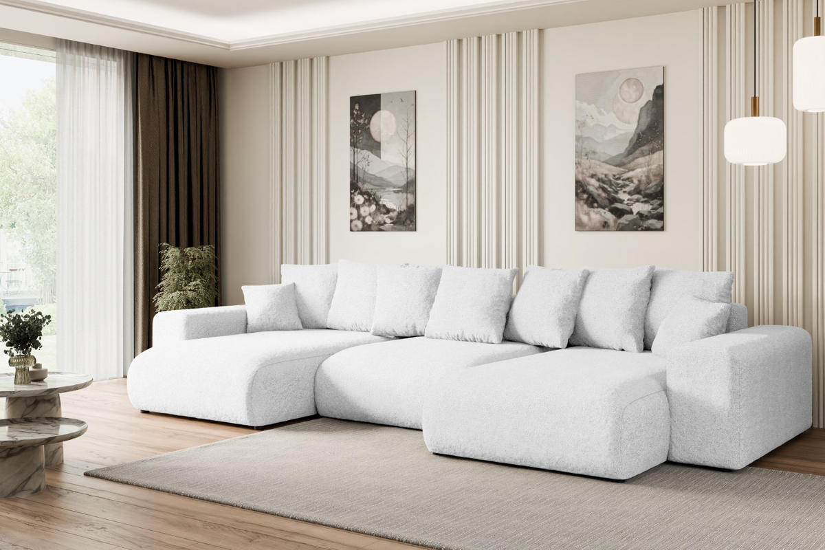 WOHNLANDSCHAFT mit Schlaffunktion und Bettkasten ESKAR-U -352x165x84cm Weiß Bouclé - Schwarz/Weiß, Holzwerkstoff/Kunststoff (352/84/165cm) - ALTDECOR
