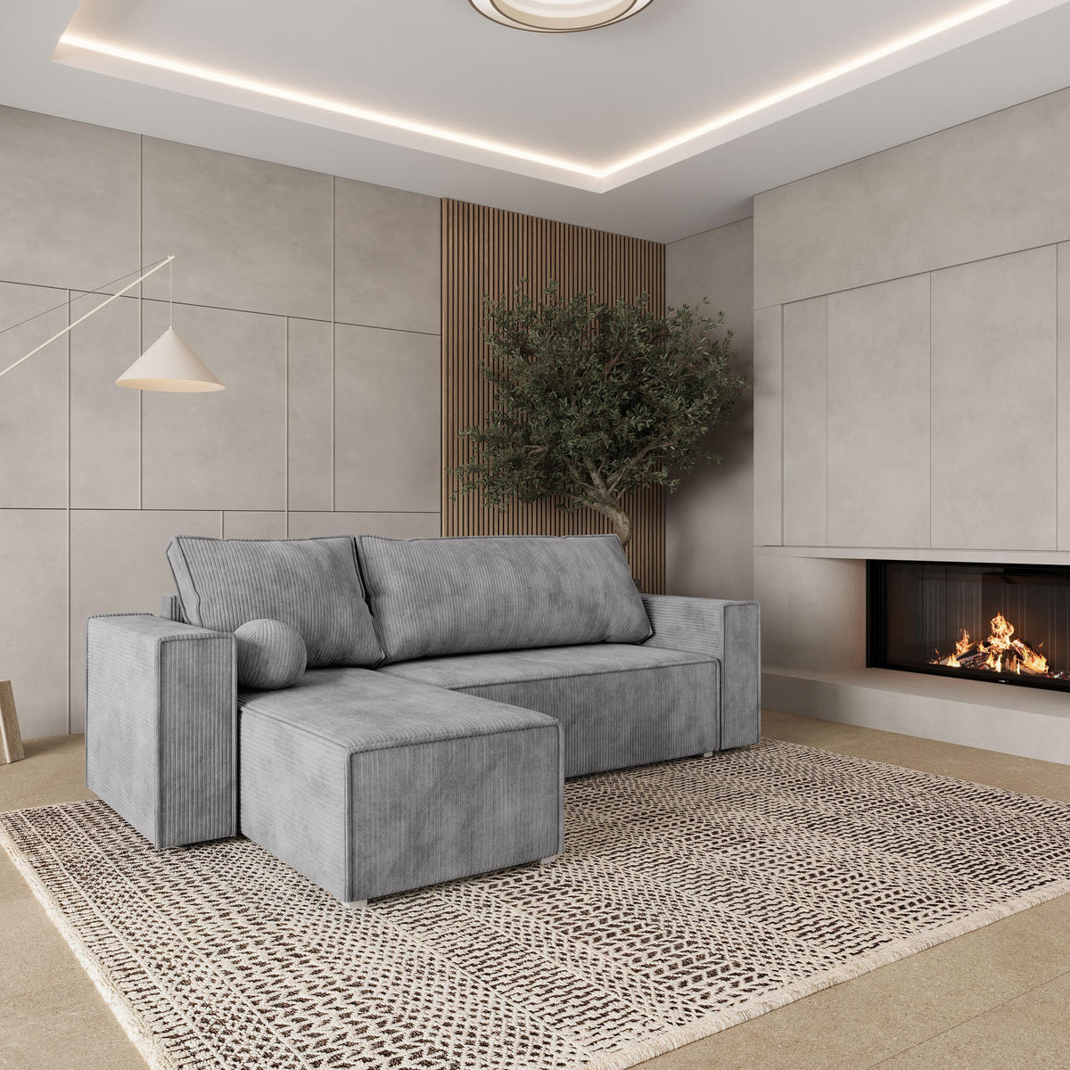 ROHOVÁ SEDAČKA RAVELO světle šedá - šedá/světle šedá, dřevo/textil (240/140cm) - MASSENO