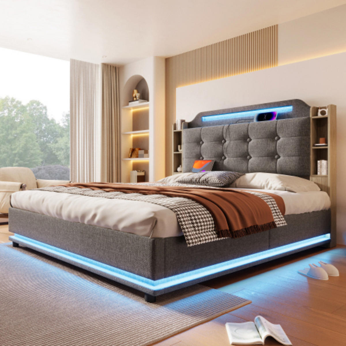 POLSTERBETT 140 × 200 cm mit Leinenbezug, LED-Lichtleisten, Hydraulikstauraum und USB-C Schnellladestation, grau - Grau, Textil (140/200cm) - Luhomfu