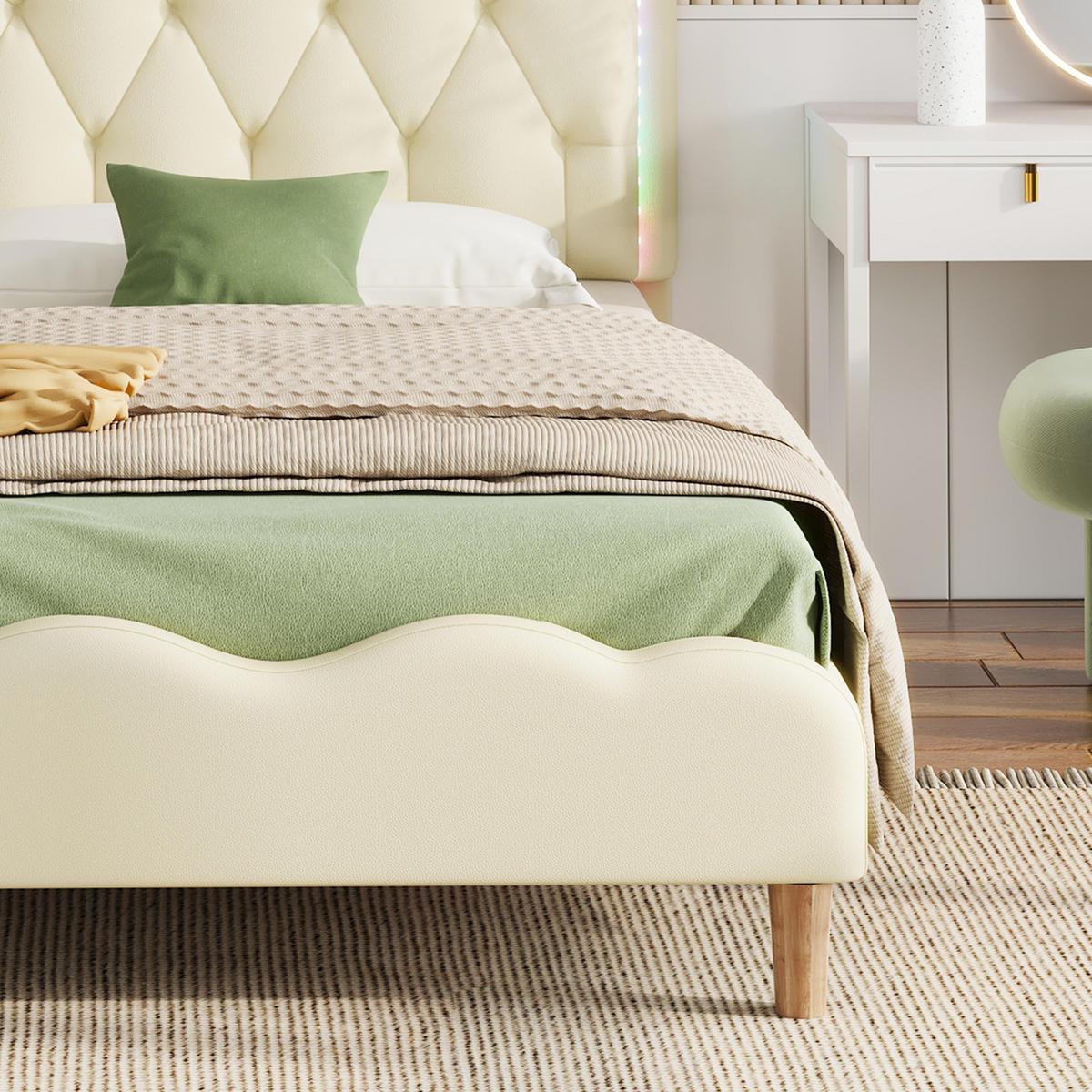 POLSTERBETT 90/200 cm Beige mit Wellenförmigem Kopfteil und LED-Beleuchtung - Beige, Kunststoff (90/200cm) - OKWISH