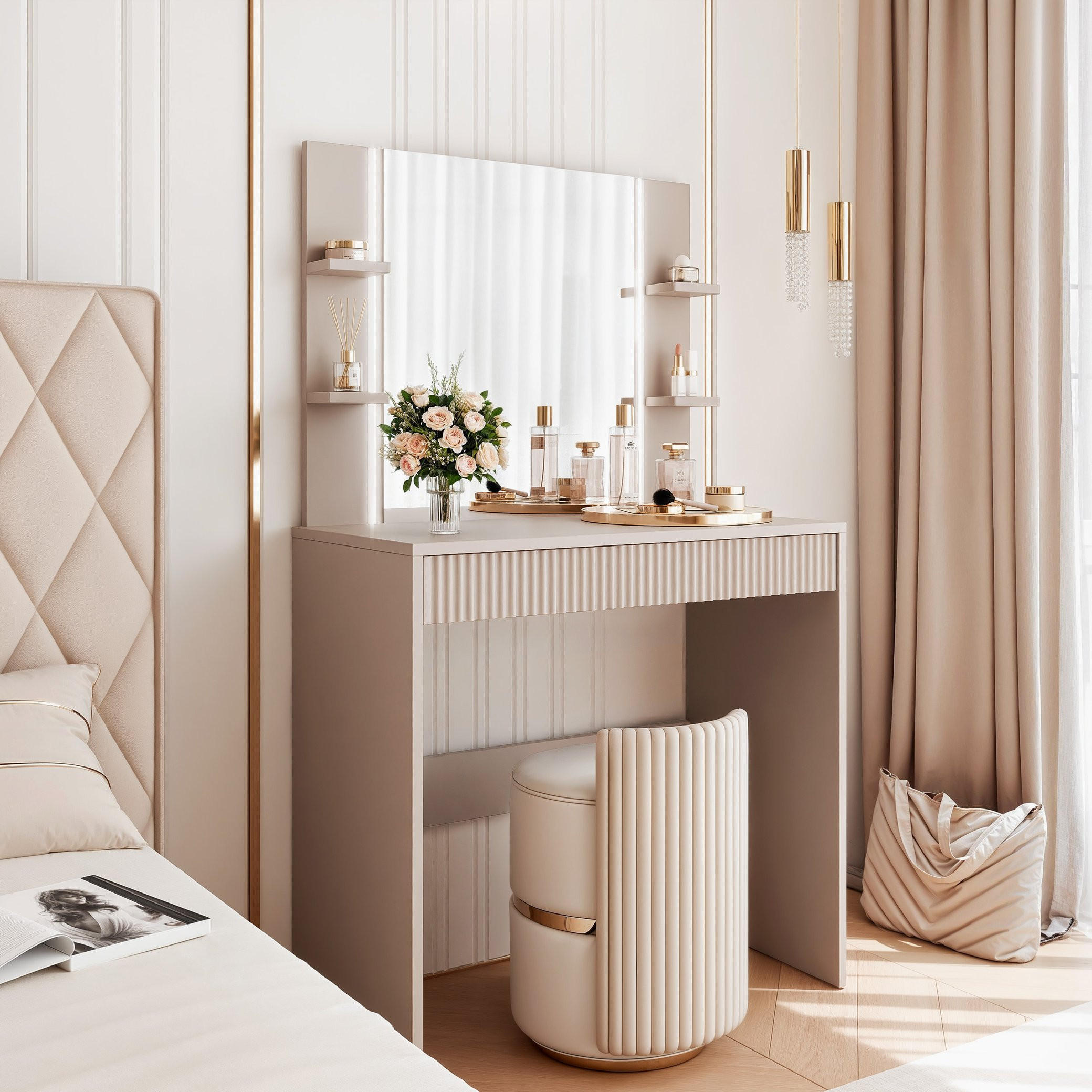 SCHMINKTISCH ELENA mit Spiegel & LED-Beleuchtung, Kaschmir - Kaschmir, Holzwerkstoff (80/136/40cm) - Idohome