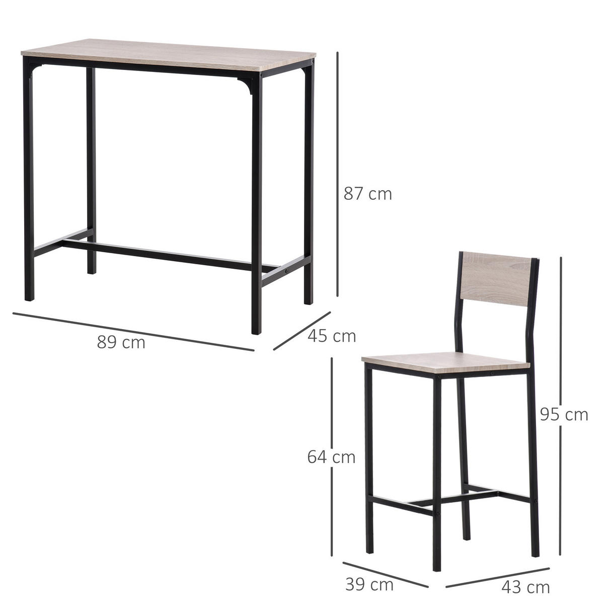 BARTISCH-SET, MDF, Metall, Natur+Schwarz - Naturfarben, Kunststoff (45/87/89cm) - HOMCOM
