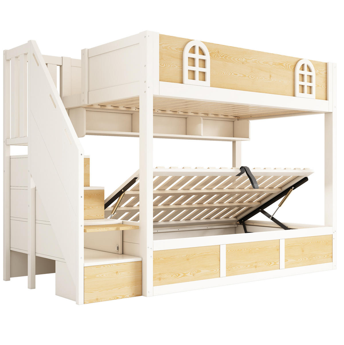 ETAGENBETT 90/200 cm aus Holz und Metall mit Treppenschrank und Stauraum Weiß/Natur - Naturfarben, Holz (90/200cm) - Modenvie