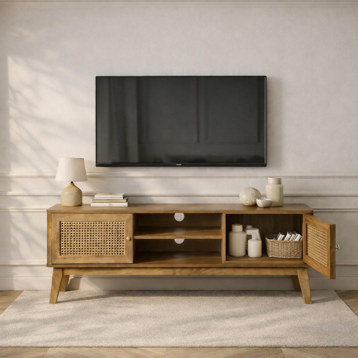 TV-MÖBEL 2 türen mit rattan-geflecht palmo 39/49/140 cm - Eschefarben, Holzwerkstoff (140/49/11cm) - Calicosy