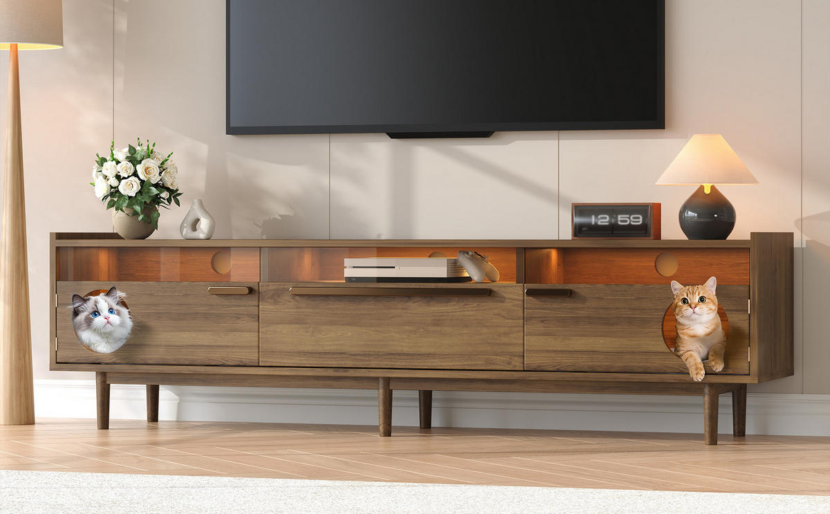 TV-SCHRANK 180x40x50cm Nussbaum LED mit Katzenruheraum Glas 1 Schublade - Walnussfarben, Holz (40/50/180cm) - FLIEKS