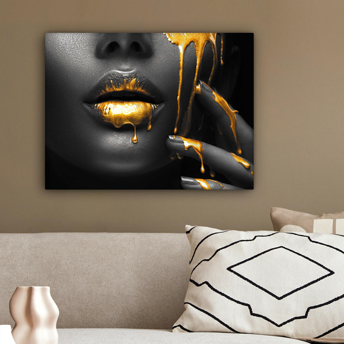 LEINWANDBILD Frau - Schwarz - Gold - Gesicht - Lippen 40x30 cm - Goldfarben, Textil (40/30cm) - MuchoWow