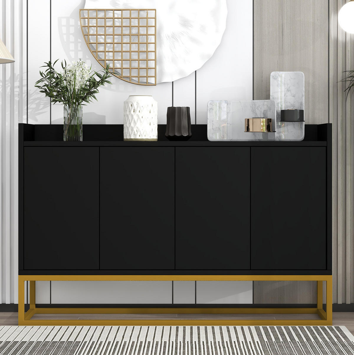 SIDEBOARD 120/30/80 cm in Schwarz mit 4 Türen und verstellbaren Einlegeböden - Schwarz, Holzwerkstoff (120/80/30cm) - Flora Grace