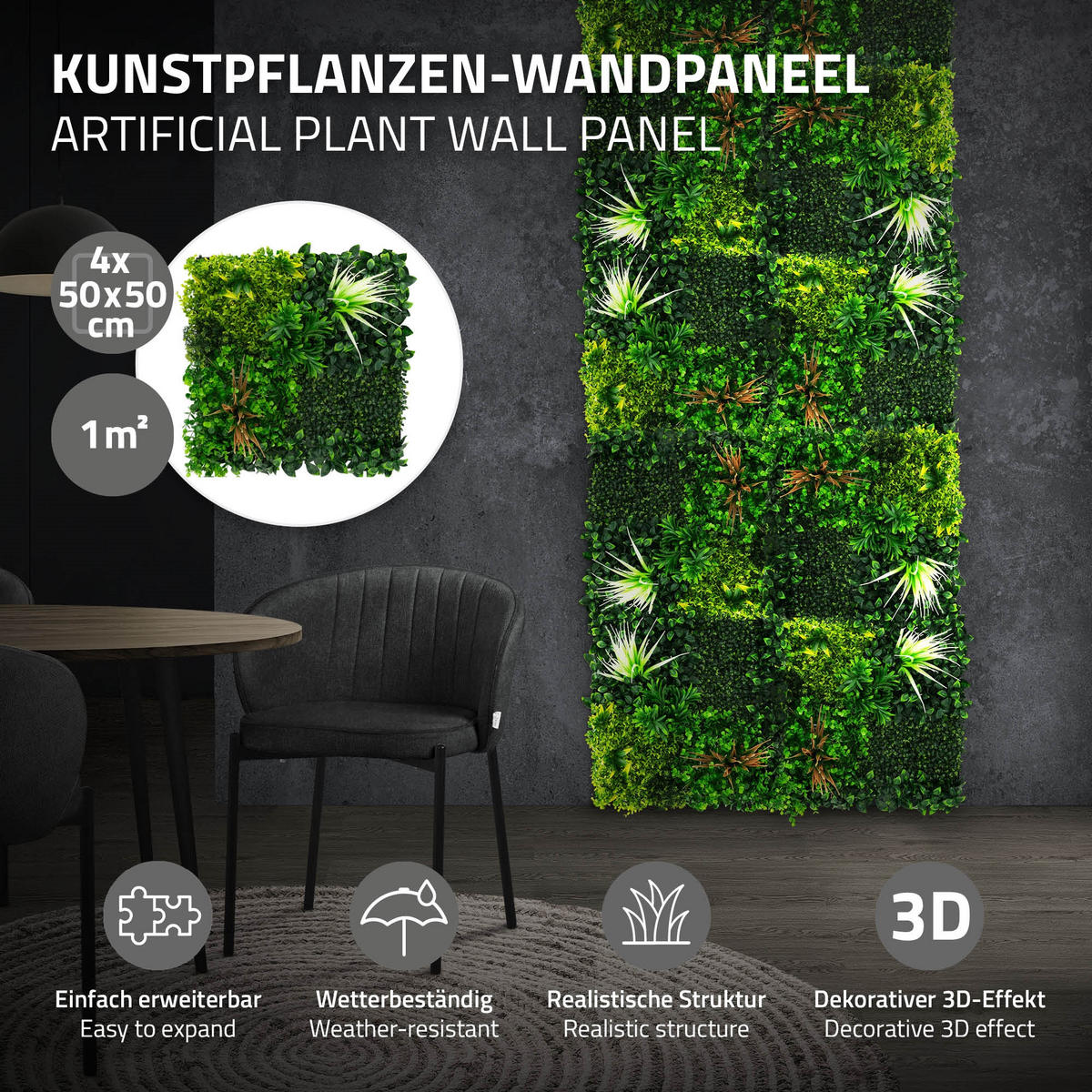 KÜNSTLICHE PFLANZENWAND 4er Set 50x50 cm Kunstpflanzen Wand Innen Aussen Grün Sunburst - Grün, Kunststoff (50/50/10cm) - ECD-Germany
