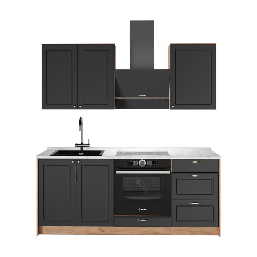 SINGLEKÜCHE Fame-Line, Anthrazit-Gold Landhaus/Goldkraft Eiche, 190 cm, AP Marmor - Honigeiche/Anthrazit, Holzwerkstoff (190/82/60cm) - Vicco