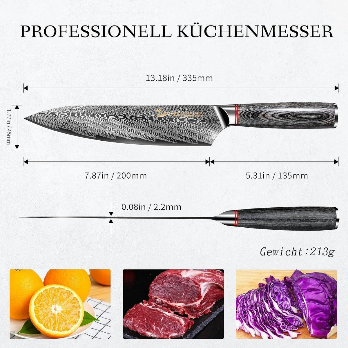 KÜCHENMESSER Kochmesser 8 Zoll Titanbeschichtet Holzgriff - Schwarz, Metall (33.5cm)