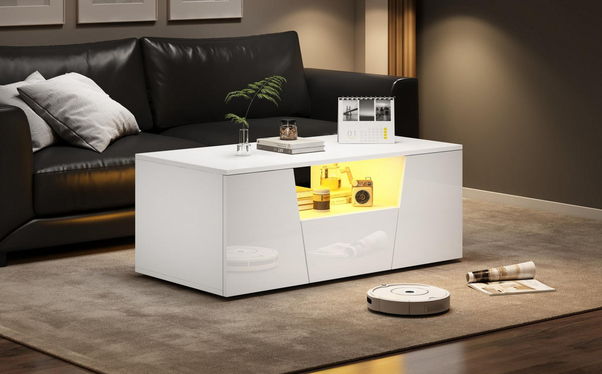 COUCHTISCH, Hochglanz Weiß, mit App-LED (USB) & Stauraum, 100/50/40 cm,Weiß - Weiß, Holzwerkstoff (100/50/40cm) - Redom