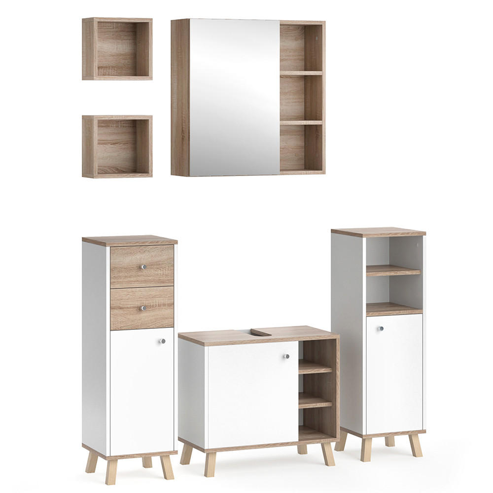 BADMÖBEL-SET Senyo Weiß 5 Teile, mit Regalen - Weiß/Sonoma Eiche, Holzwerkstoff (62/54/32cm) - Vicco