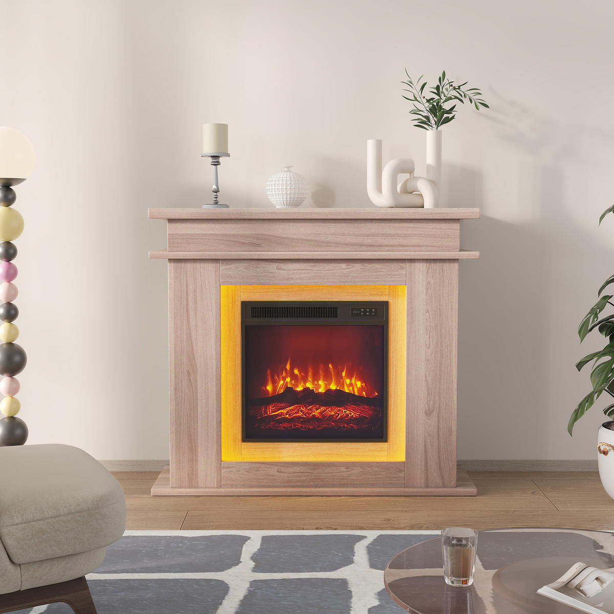 ELEKTROKAMIN freistehend 3D Flamme LED Dekokamin Eiche - Eichefarben, Holz (34.5/88.8/101cm) - LEBENLANG