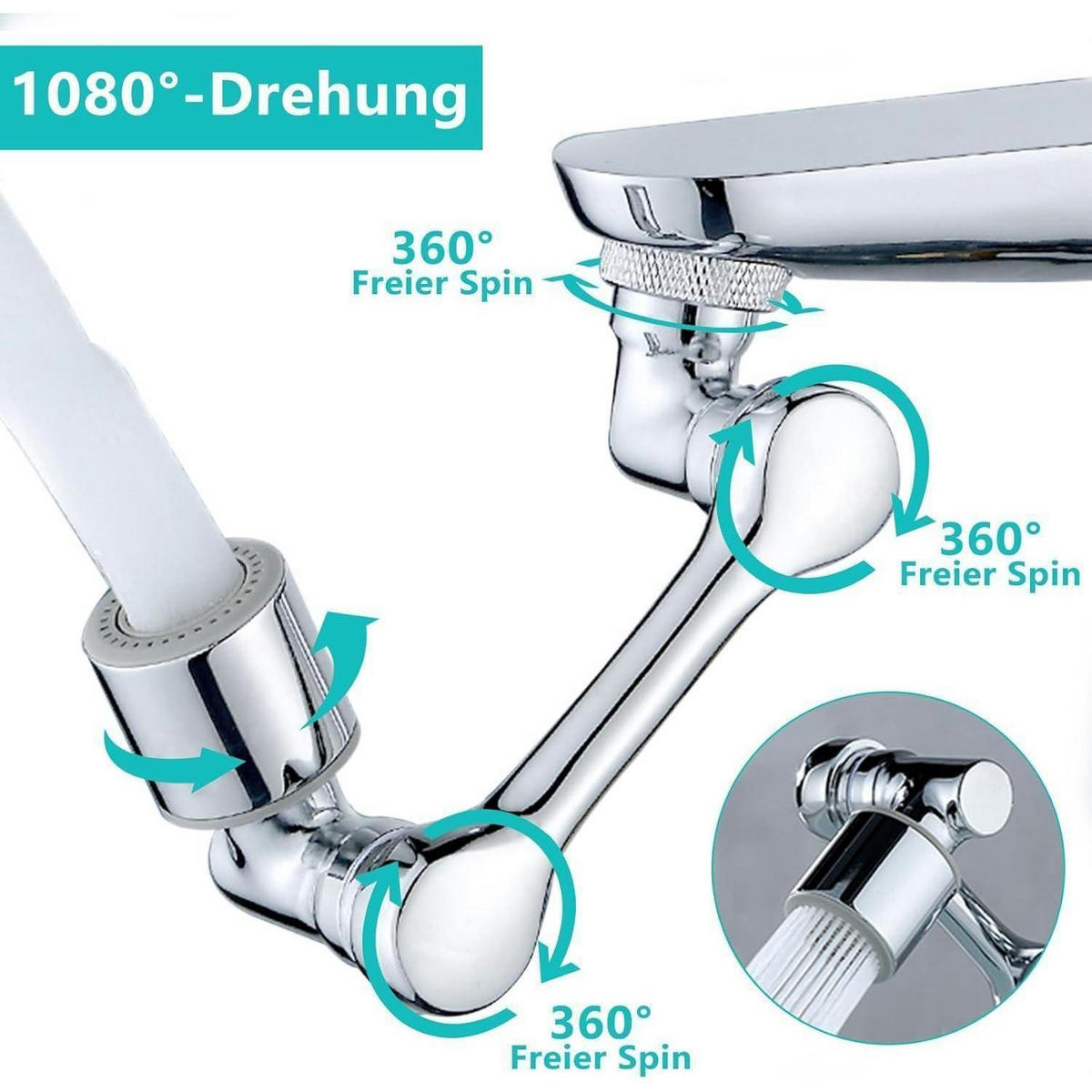 WASSERHAHN Verlängerung 1080 Grad drehbar mit 2 Wasserauslassmodi - Silberfarben, Metall (4/6/10cm)