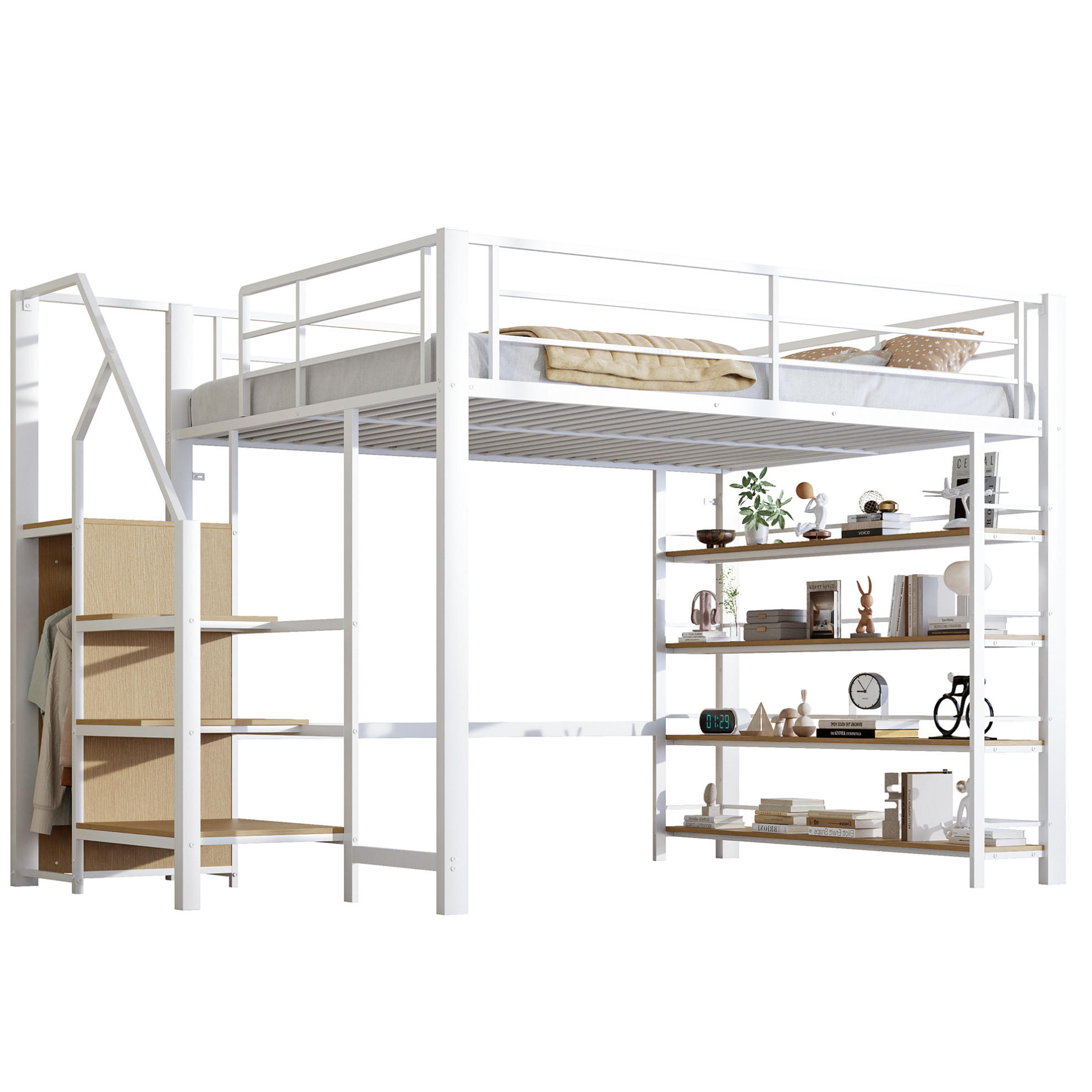 HOCHBETT 140/200 cm aus Metall und MDF mit Stauraumtreppe und Kleiderstange Weiß - Weiß, Metall (140/200cm) - Modenvie