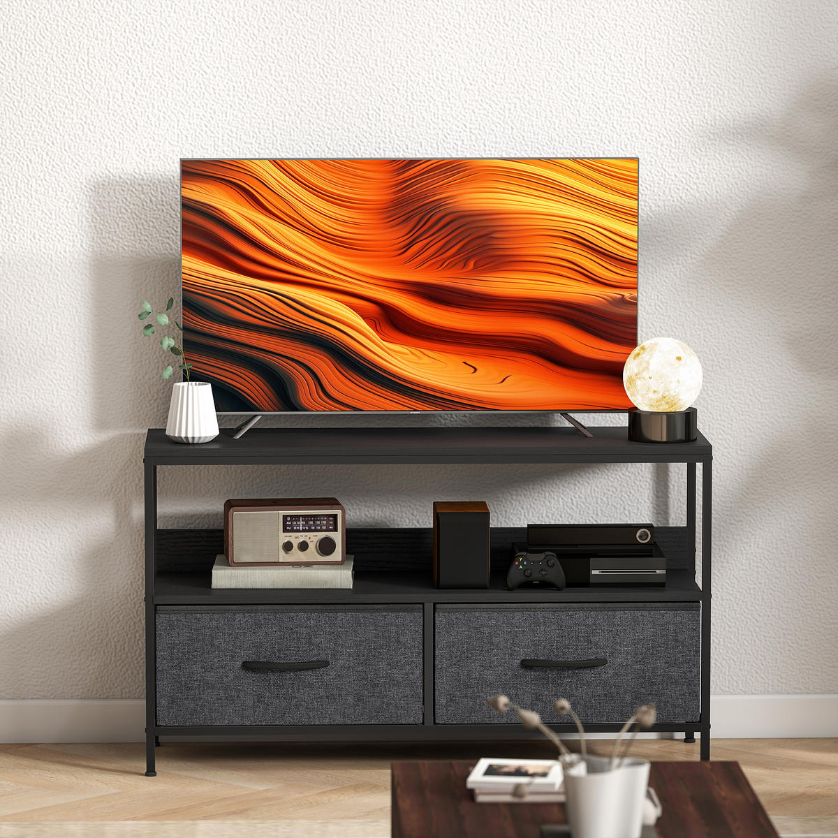 TV Schrank Lowboard mit 2 Schubladen, offenem Fach, für Fernseher bis 47 Zoll, 98 x 29 x 56 cm, Schwarz+Dunkelgrau - Schwarz, Textil (98/56/29cm)