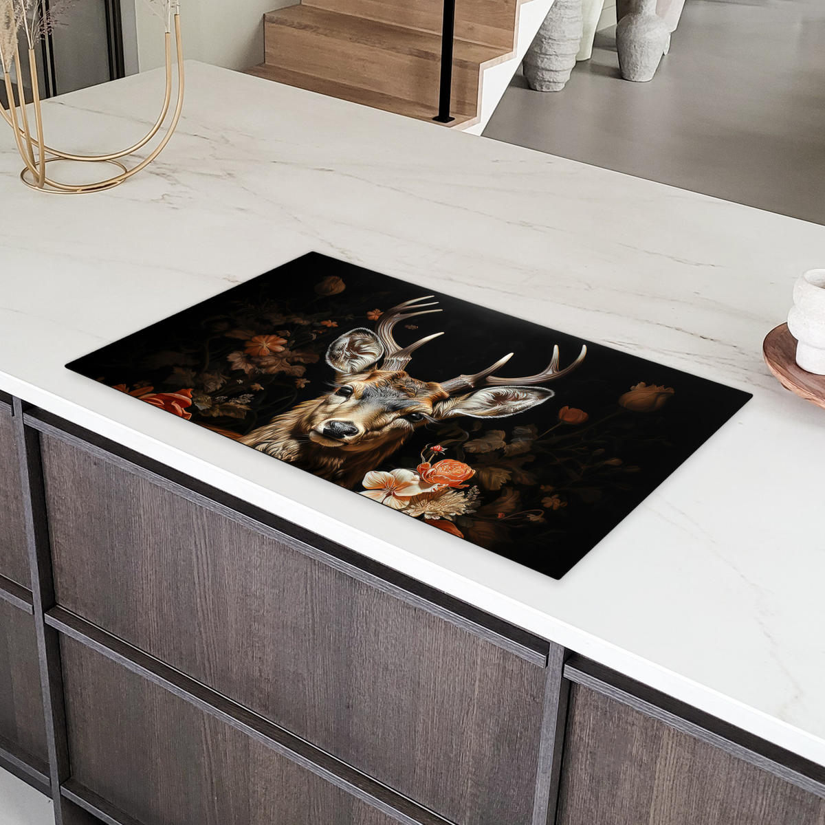 HERDABDECKPLATTE Hirsch - Tier - Blumen - Natur - Botanisch Ceranfeldabdeckung 90x52 cm - Kupferfarben, Kunststoff (90/52/0.2cm) - MuchoWow