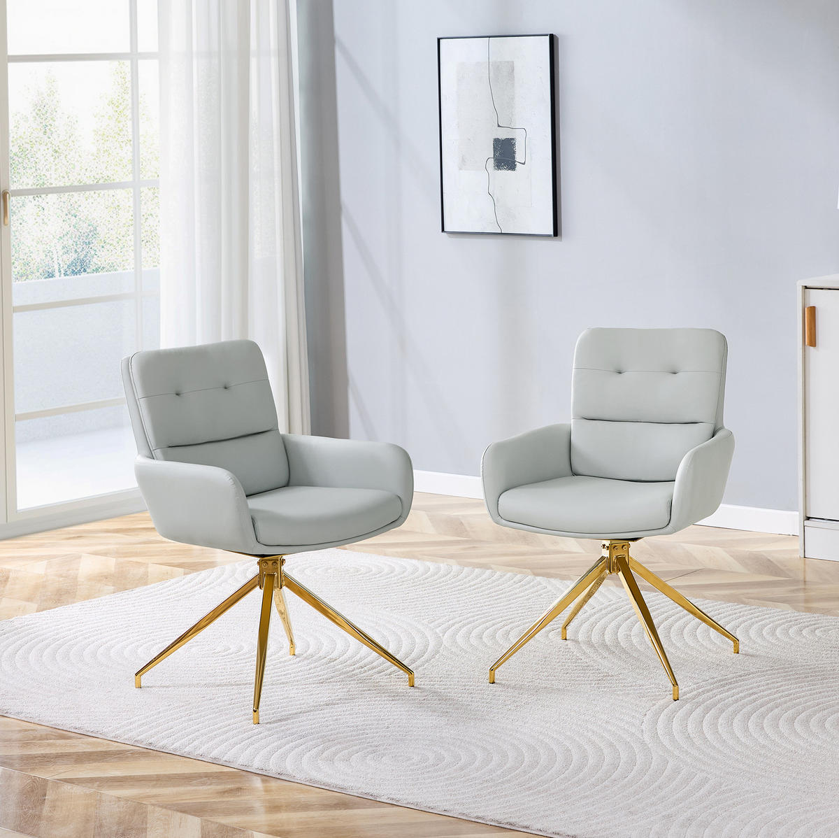 DREHSTUHL 2er-Set 360° drehbar Höhe 85 cm PU Hellgrau Goldfarben - Hellgrau, Metall (50/85/55cm) - Meubliv