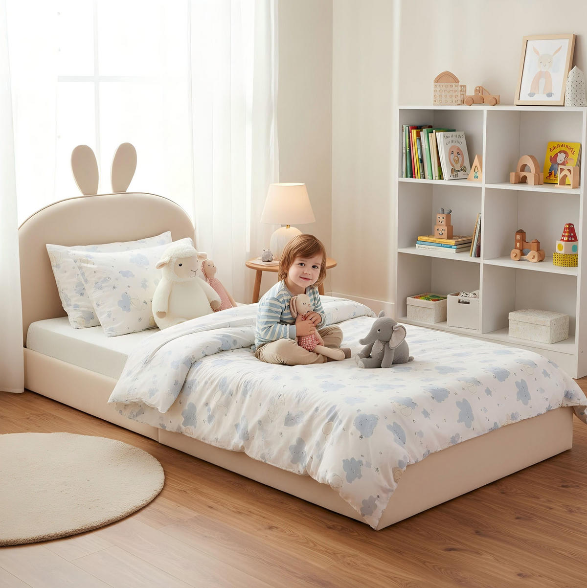KINDERBETT 90/200 cm aus Samt mit Kaninchen-Kopfteil Beige - Beige, Textil (90/200cm) - Modenvie