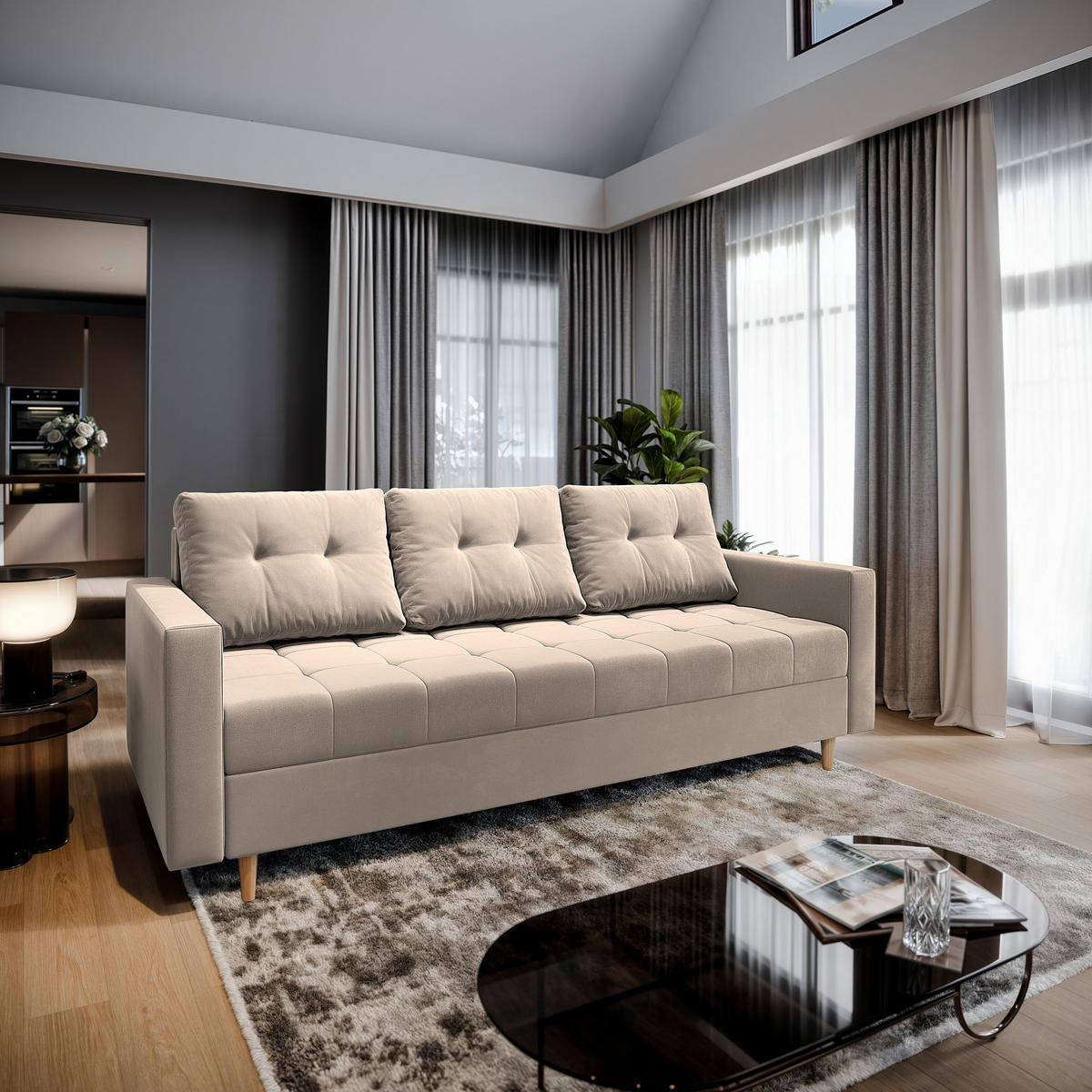 BETTSOFA MILO Beige Plüsch-Stoff mit Schlaffunktion - Beige, Textil (220/93/87cm) - MASSENO