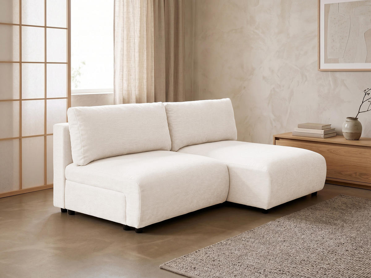 ECKSOFA Sora mit Schlaffunktion, Bettkasten und extra tiefer Komfortzone aus hochwertigem Creme Strukturstoff - Creme/Schwarz, Holz/Kunststoff (200/140cm) - S-Style