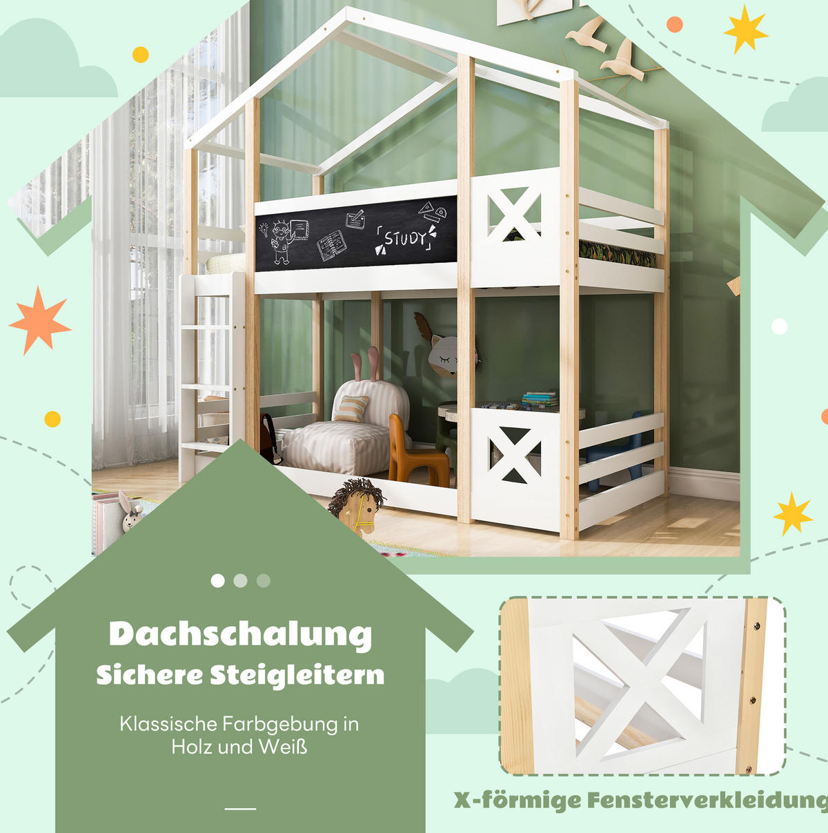 HOCHBETT 90/200 cm aus Massivholz mit Tafel, Leiter und umlaufendem Fallschutz, Weiß - Weiß, Holz - Redom