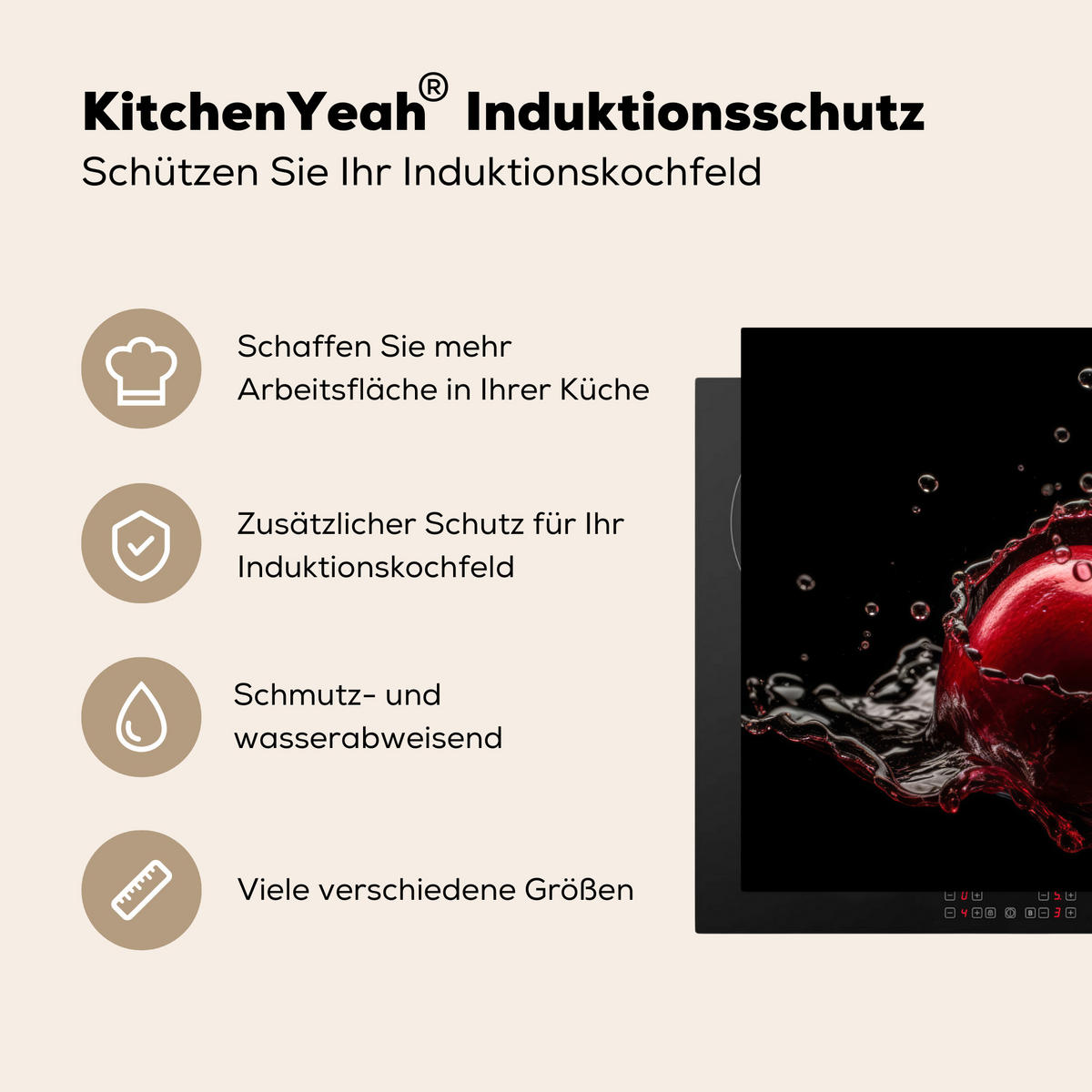 HERDABDECKPLATTE Kirsche - Rot - Frucht - Wasser - Schwarz 78x52 cm - Kirschrot, Kunststoff (78/0.2/52cm) - MuchoWow