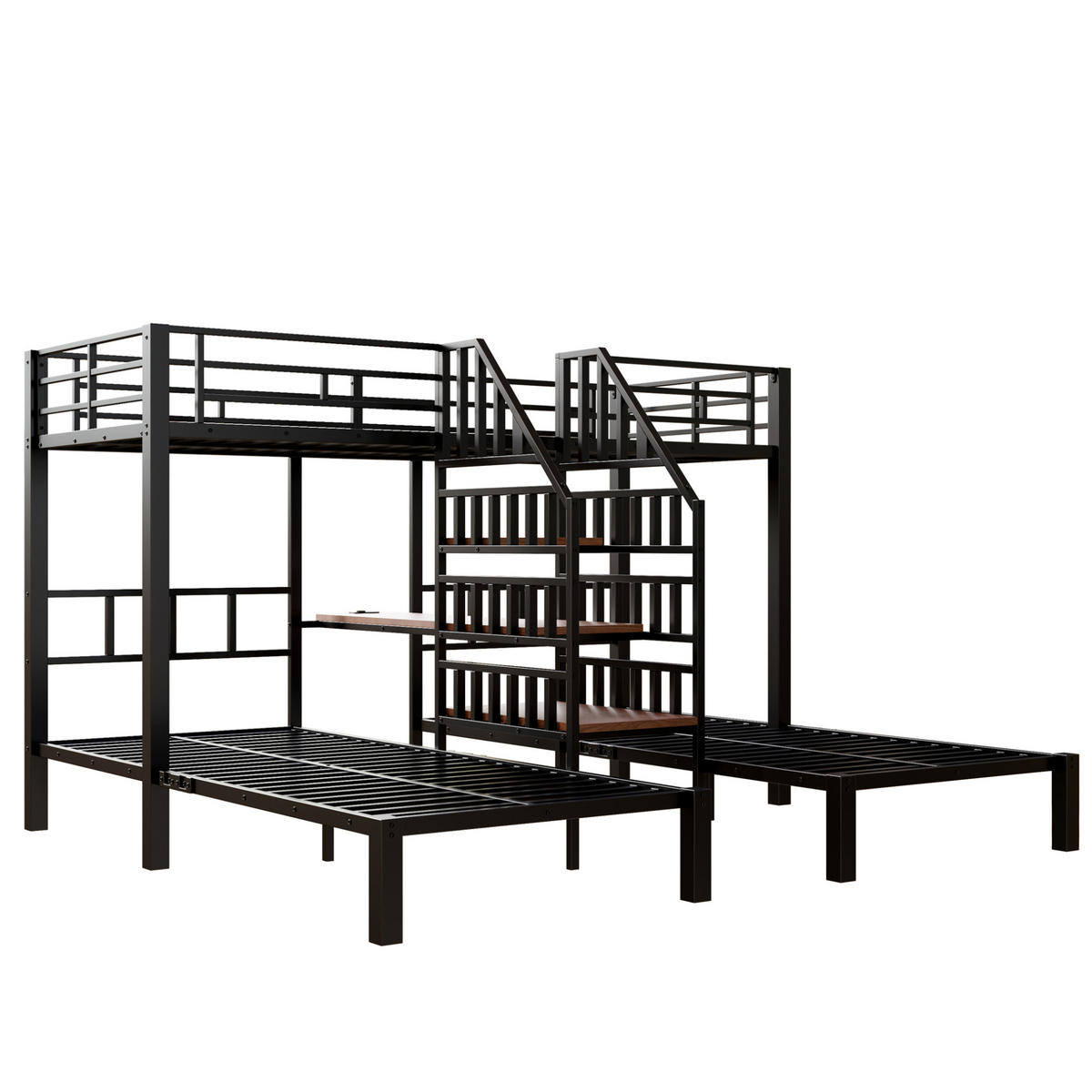 ETAGENBETT 90/200 cm mit LED-Beleuchtung, Schreibtisch, Stauraumtreppe, USB und Steckdose, Metall/MDF, Schwarz - Schwarz, Metall (90/200cm) - Redom
