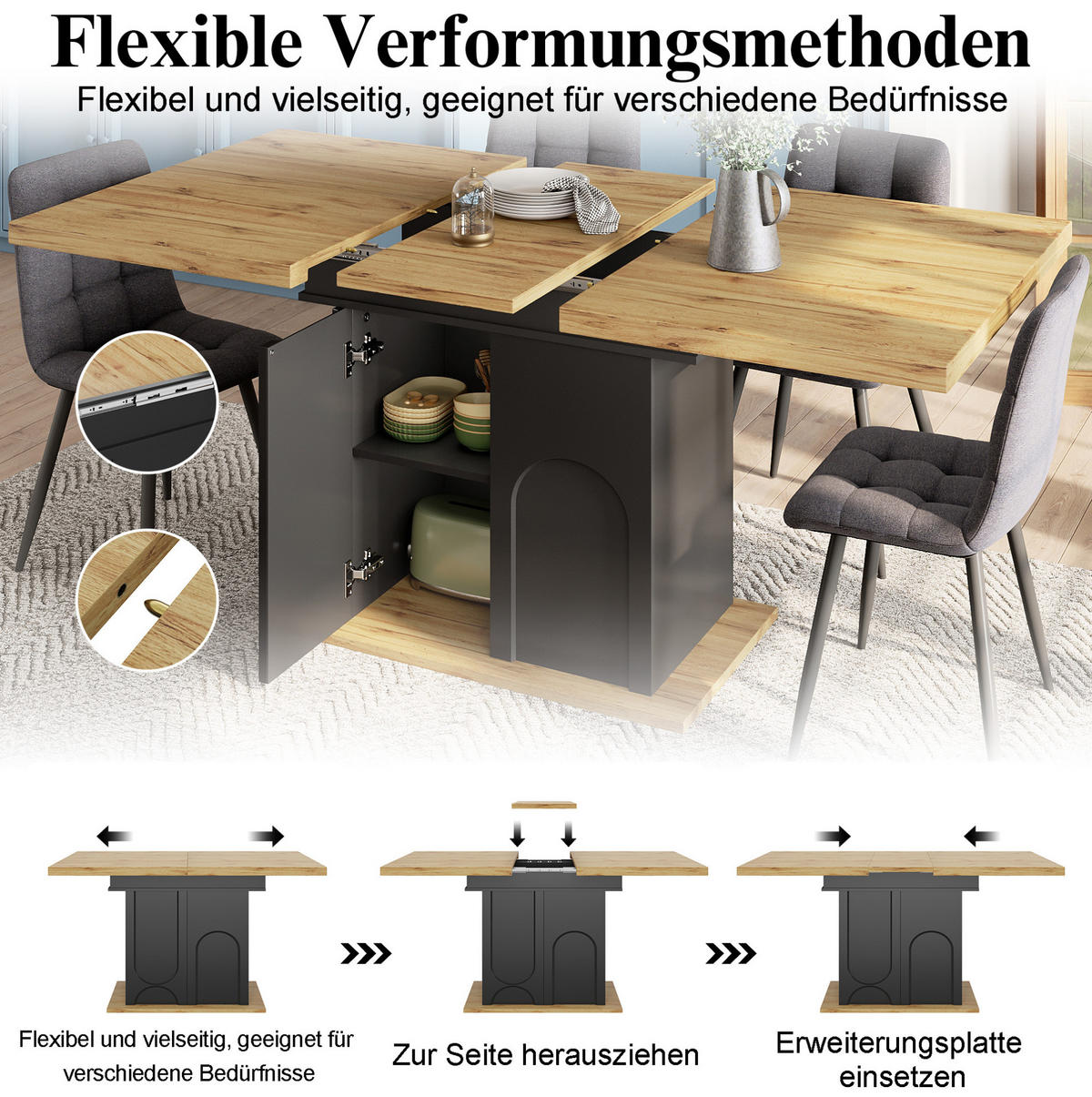 AUSZIEHBARER Esstisch aus MDF mit Stauraum, 110-140/80/76 cm, Schwarz - Schwarz, Holzwerkstoff (110/80/76cm) - Redom