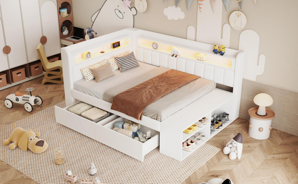 TAGESBETT 90x200 cm mit LED-Beleuchtung, USB-Anschluss, zwei Schubladen und Schuhschrank, gepolstert, weiß - Weiß, Holzwerkstoff (90/200cm) - Luhomfu