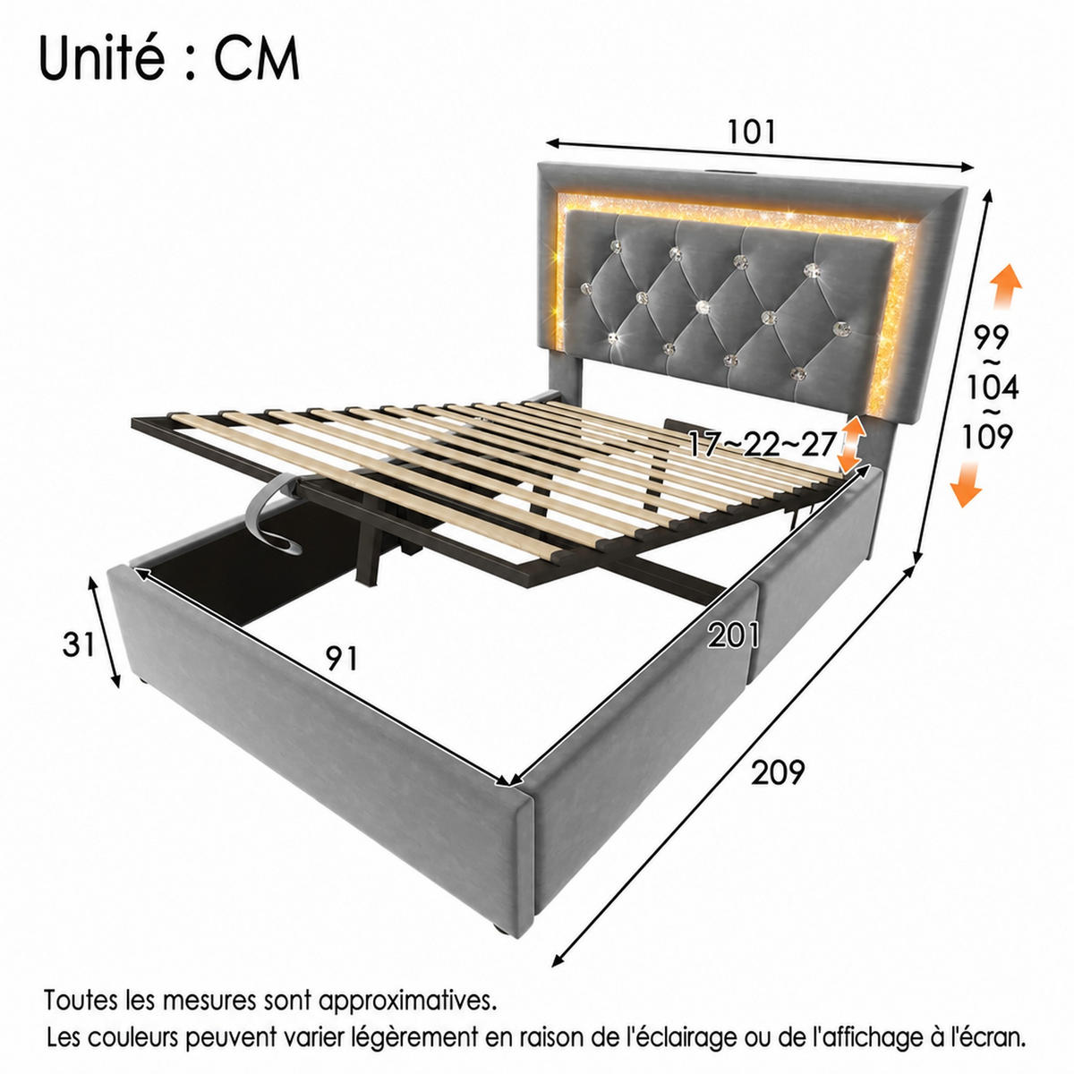 POLSTERBETT 90/200 mit Bettkasten, LED und USB in Grau - Grau, Holzwerkstoff/Textil (90/200cm) - EVRYAE